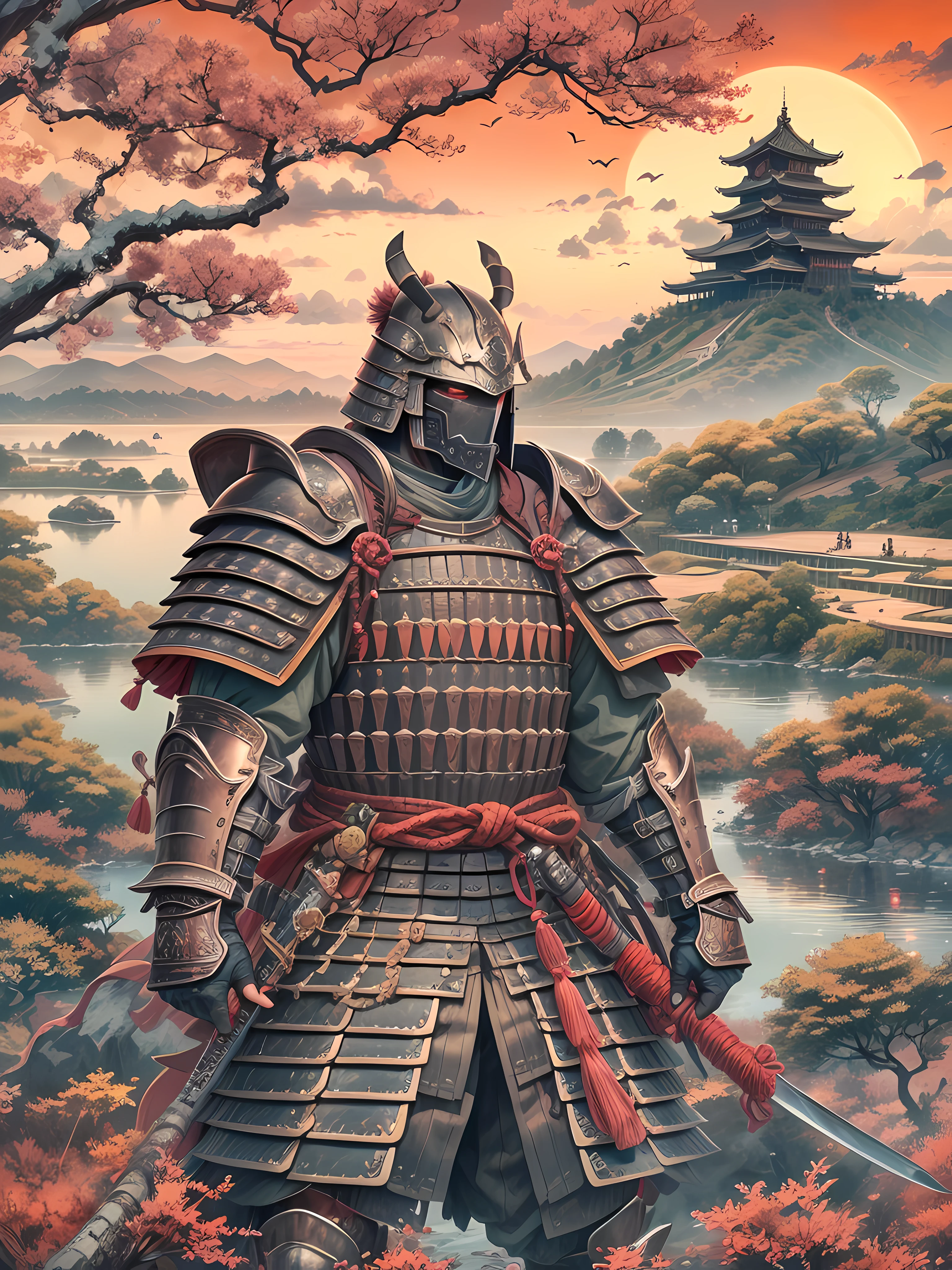 high detailed samurai walking full armored to horizont with the sundawn. japanese castle around