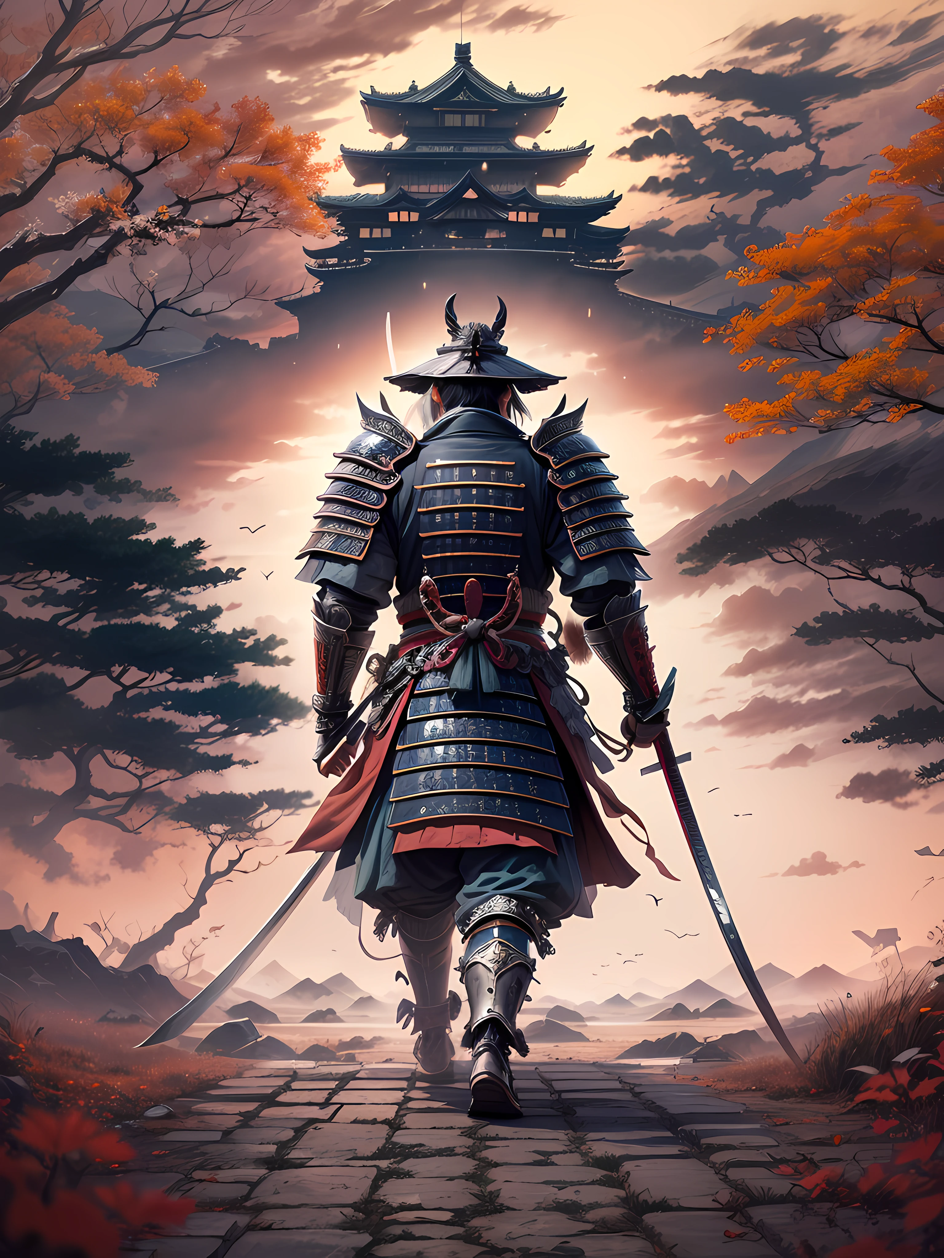 high detailed samurai walking full armored to horizont with the sundawn. japanese castle around