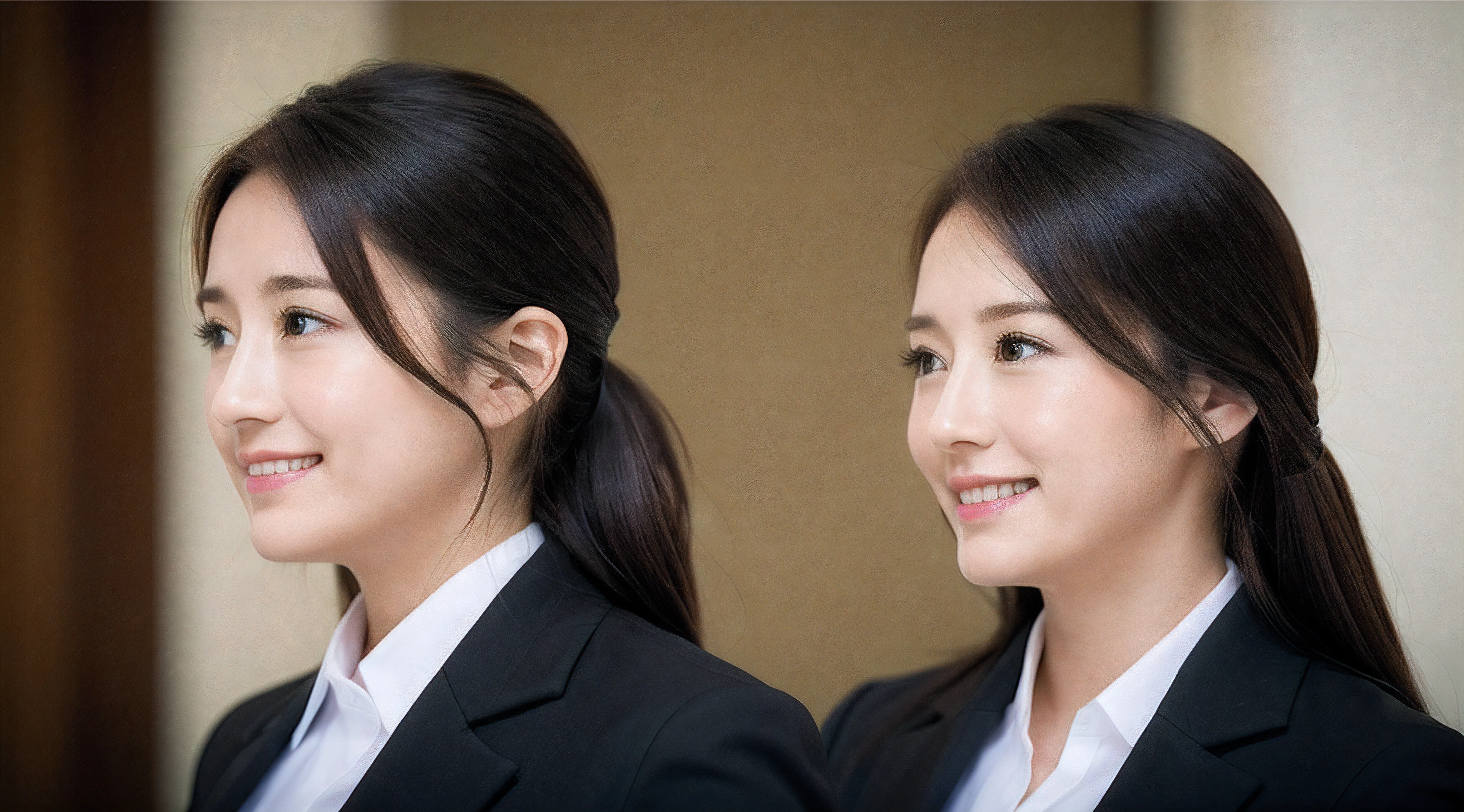 looking away、Hotel reception、face forcus、Female front desk staff,Black jacket、Collared shirt、White button shirt、a picture、A detailed face、Detailed lips、A detailed eye、a smile