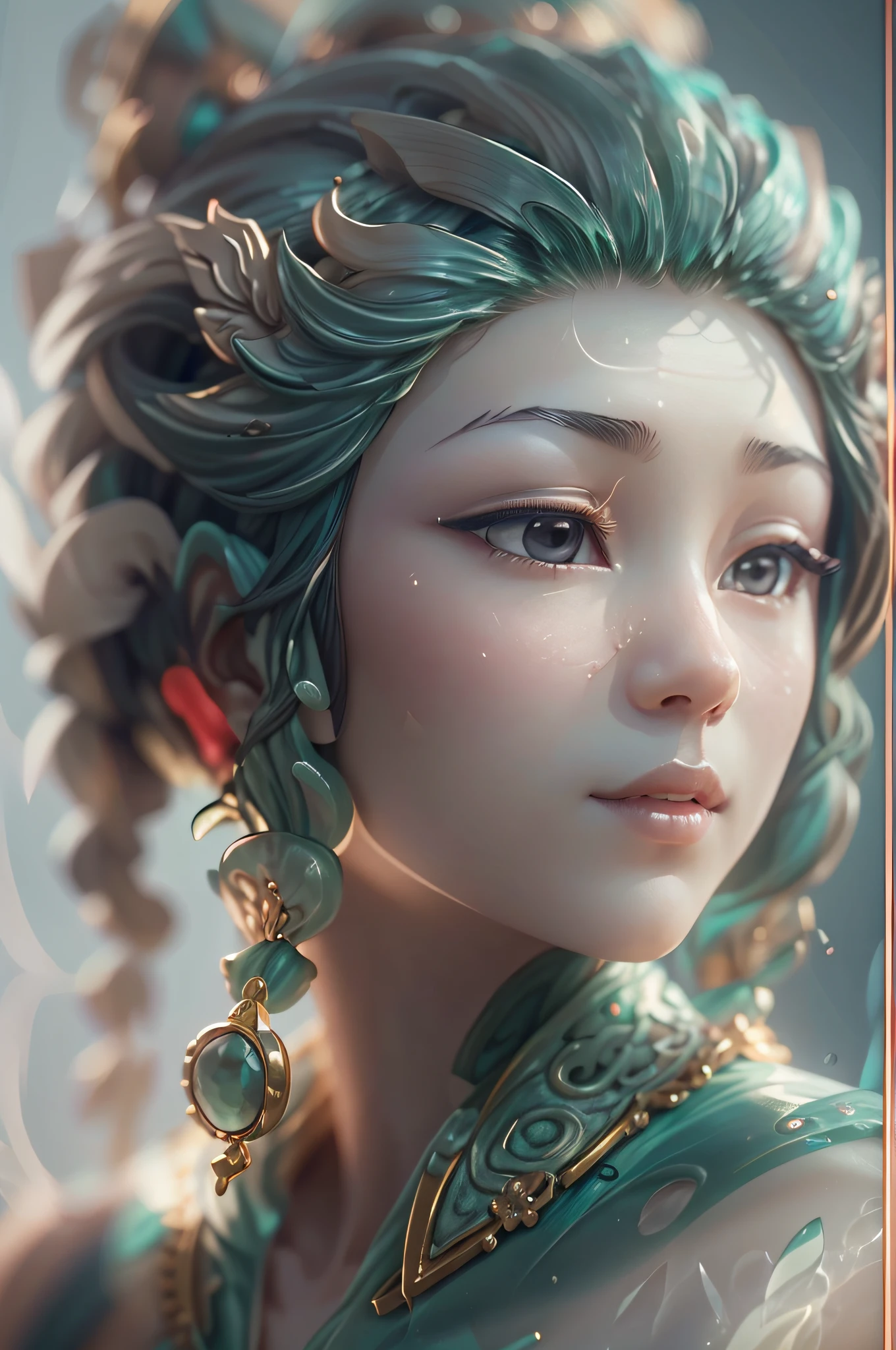 jade Sculptureï¼jade, realisticï¼1 girl, hair ornament, close up shot, pure white skin, cinematic light,
