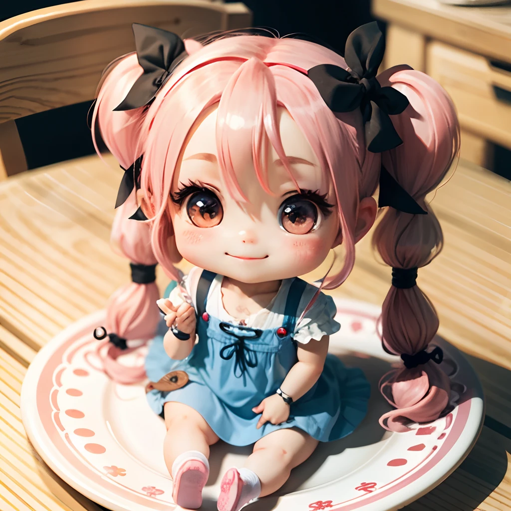 Cute chibi anime sitting on a plate, long pink hair with twin tails、Wear a blue mini dress, Smiling, Logo is cheap