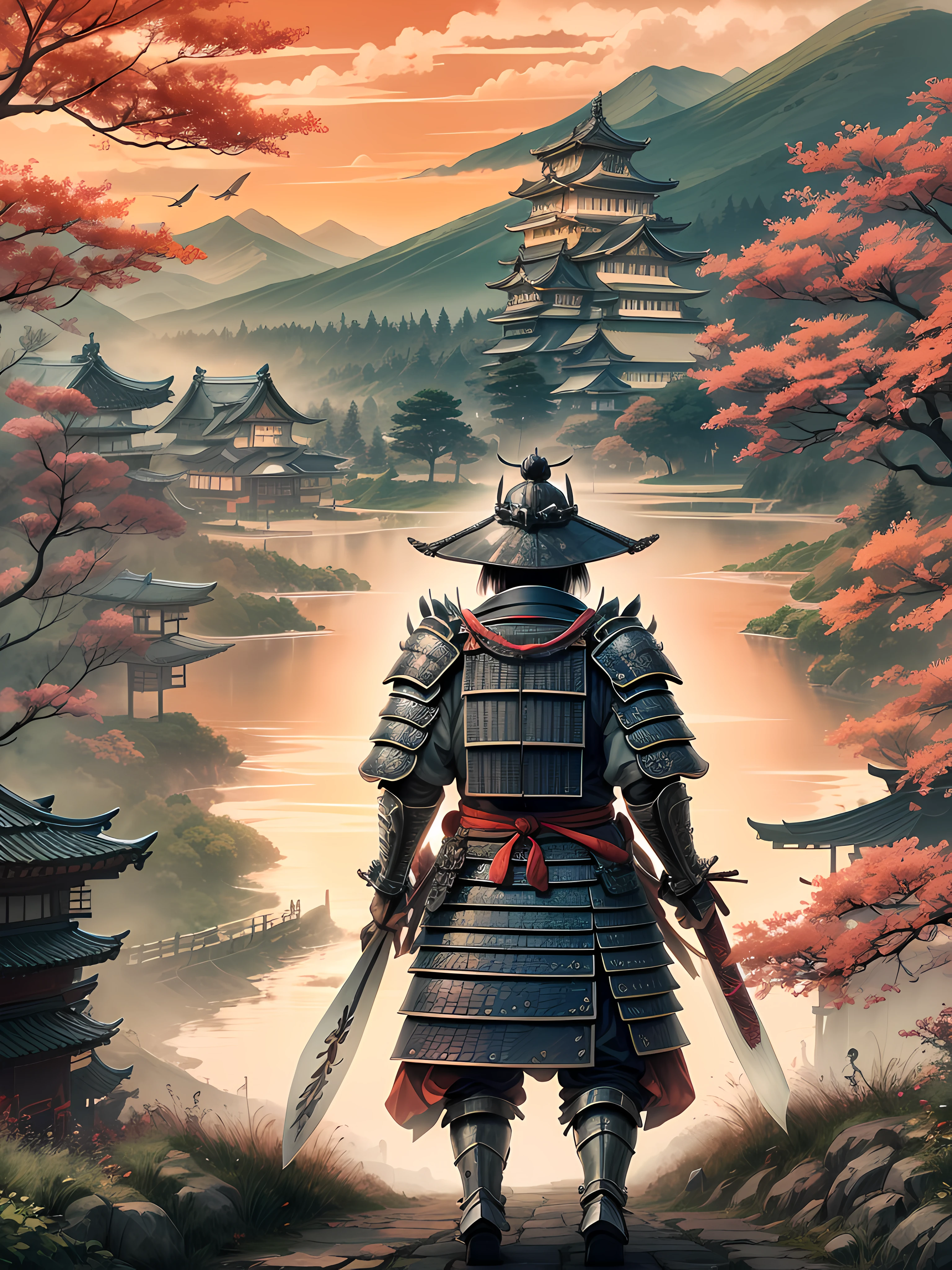 high detailed samurai walking full armored to horizont with the sundawn. japanese castle around