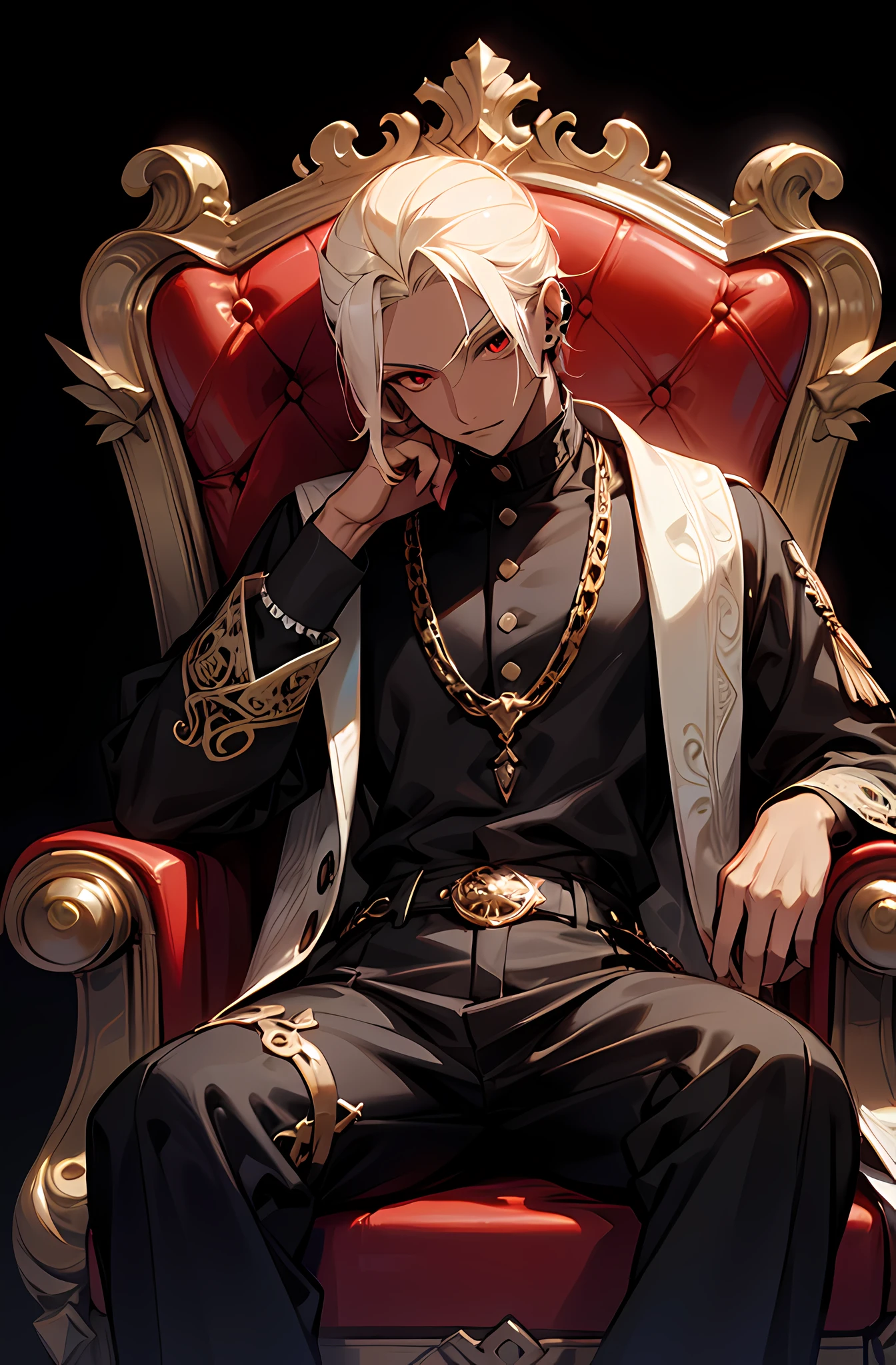 1boy,solo, Y2K,Emo style,non-mainstream, Harajuku style,Exaggerated dressing,Intricate ornaments,Rock style,Gothic style,rivet,ear studs,One-sided earring, pale blonde hair, dark-skin, dark-skinned male, intricate red eyes, sitting in throne, detailed background,