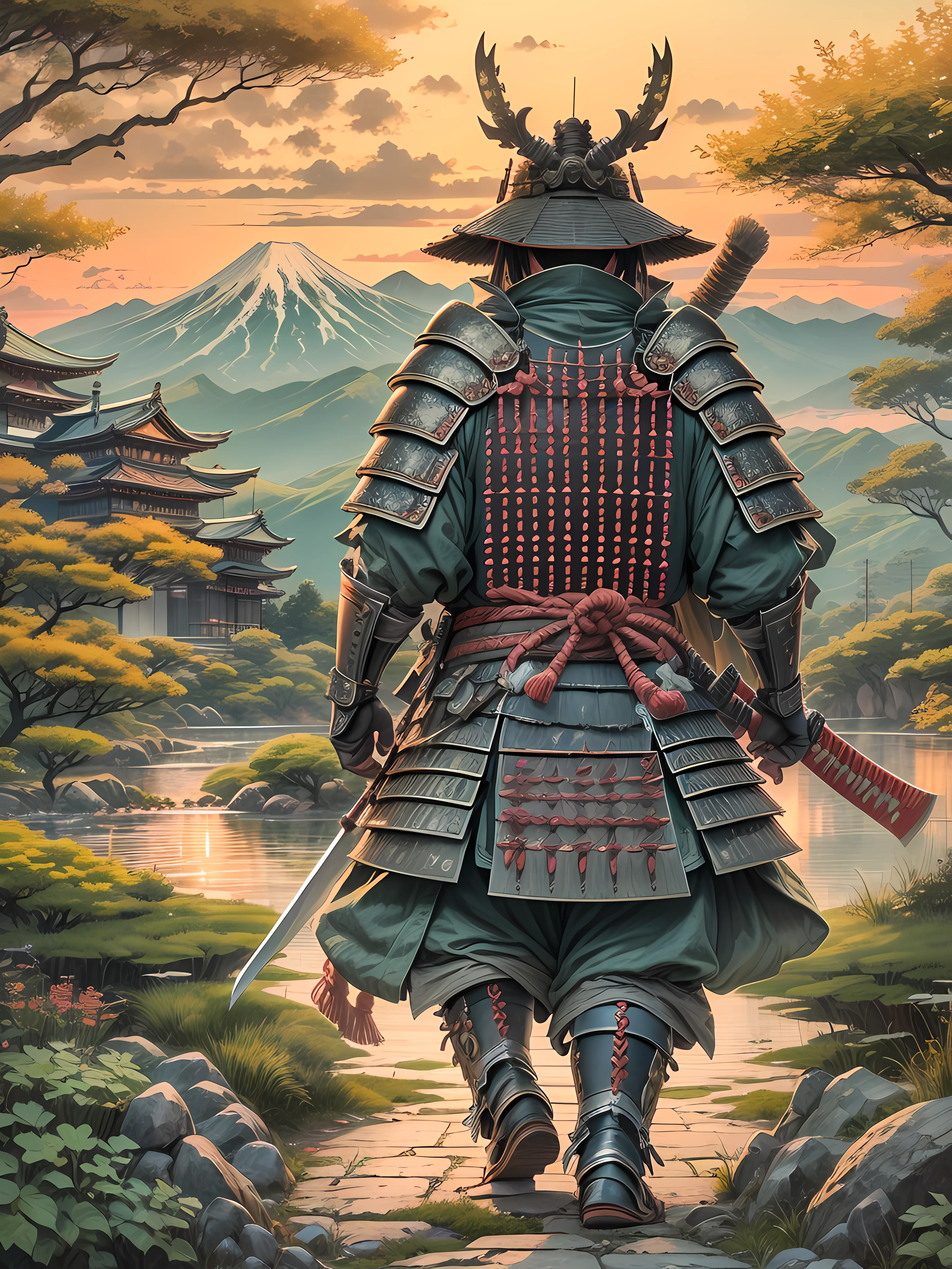 high detailed  samurai walking full armored to horizont with the sundawn. japanese castle around