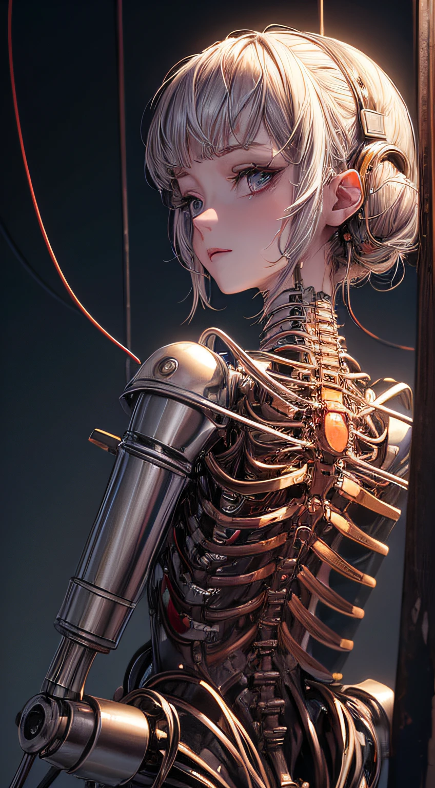 (((masterpiece))), ((best quality)), (ultra-detailed), (CG illustration), (an extremely devious and beautiful)), cinematic light, ((1 mechanical girl)), single, (machine-made joints: 1.4), ((mechanical limbs)), ( blood vessels attached to the tube), ((mechanical spine attached to the back)), ((mechanical cervical vertebrae attached to the neck), ((back to the viewer)), expressionless, (wires and cables attached to the head and body: 1.5), science fiction, apocalypse, ruins