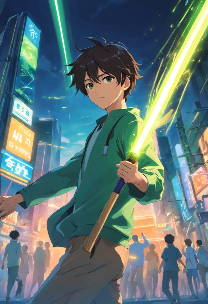 Um jovem homem adolescente de cabelo cacheado preto e olhos verdes vibrantes com uma roupa branca com desenhos pretos, it's a spear in your left hand is in the other hand a ball of energy