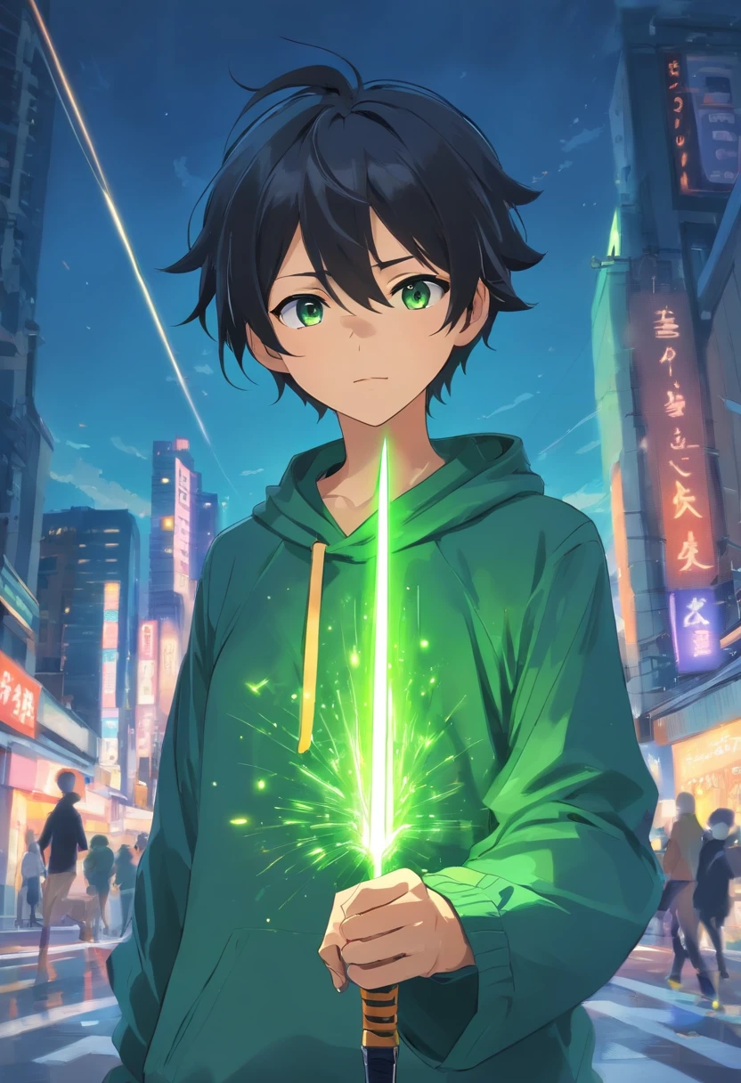 Um jovem homem adolescente de cabelo cacheado preto e olhos verdes vibrantes com uma roupa branca com desenhos pretos, it's a spear in your left hand is in the other hand a ball of energy