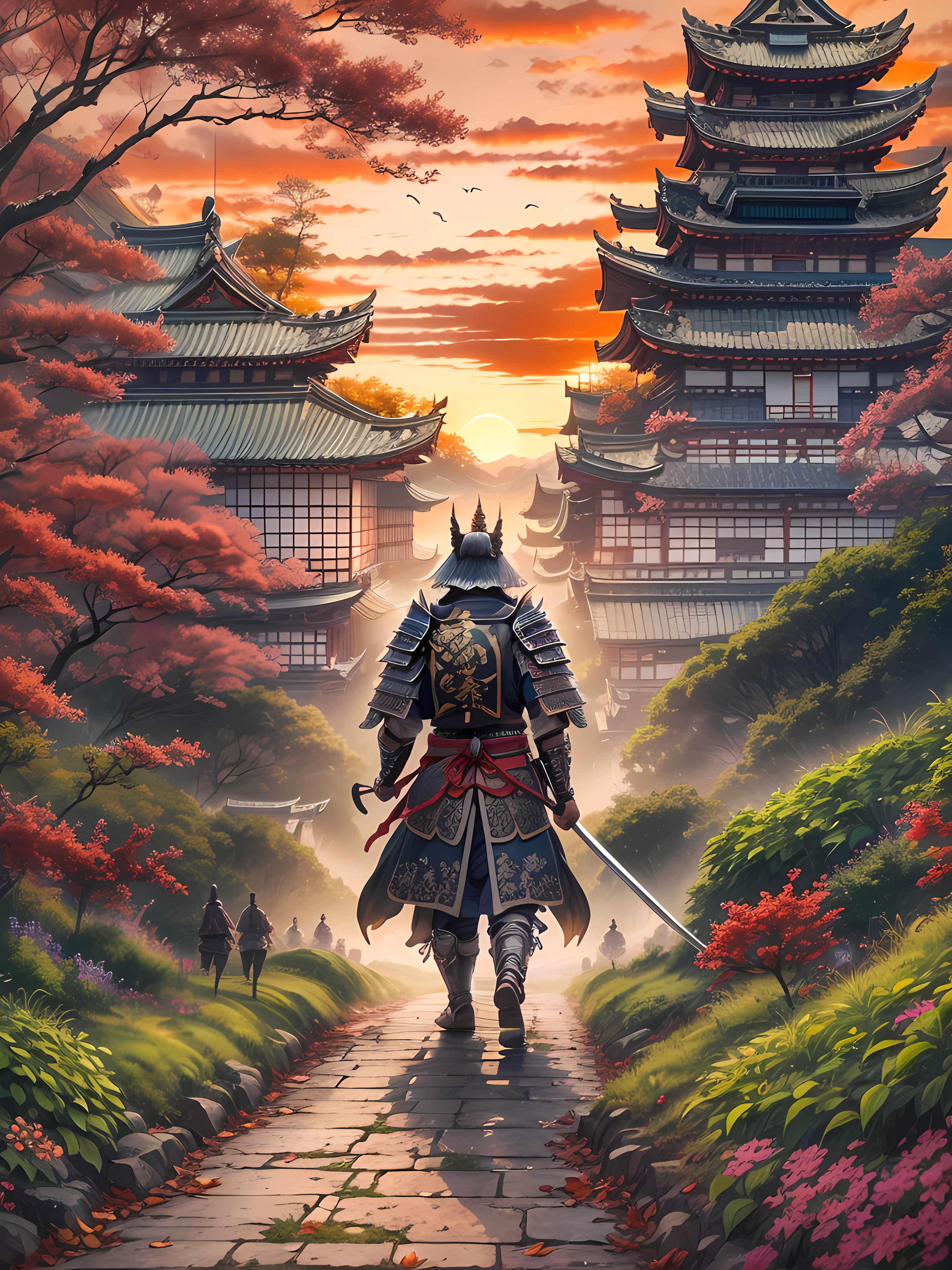 high detailed  samurai walking full armored to horizont with the sundawn. japanese castle around