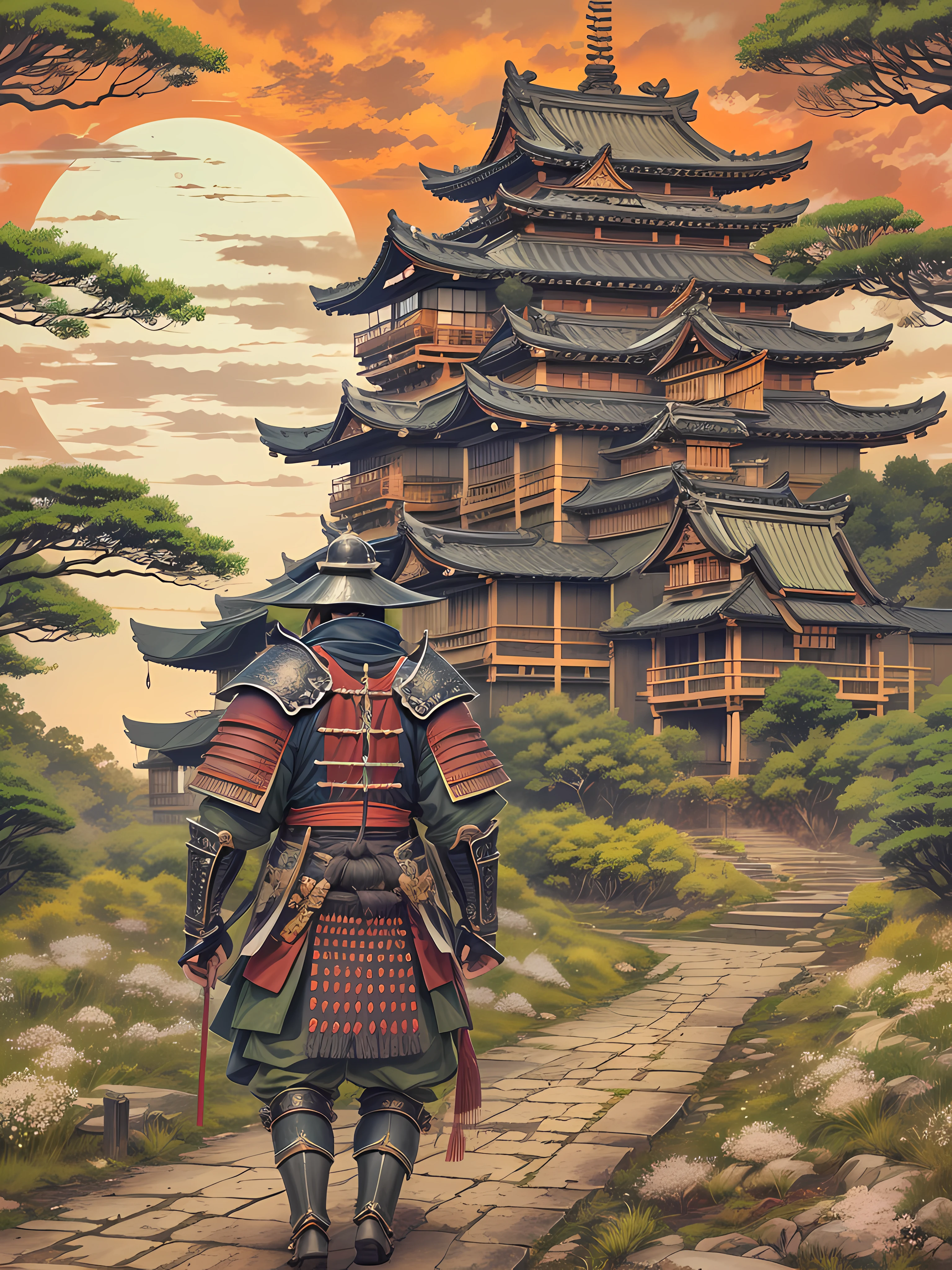 high detailed samurai walking full armored to horizont with the sundawn. japanese castle around