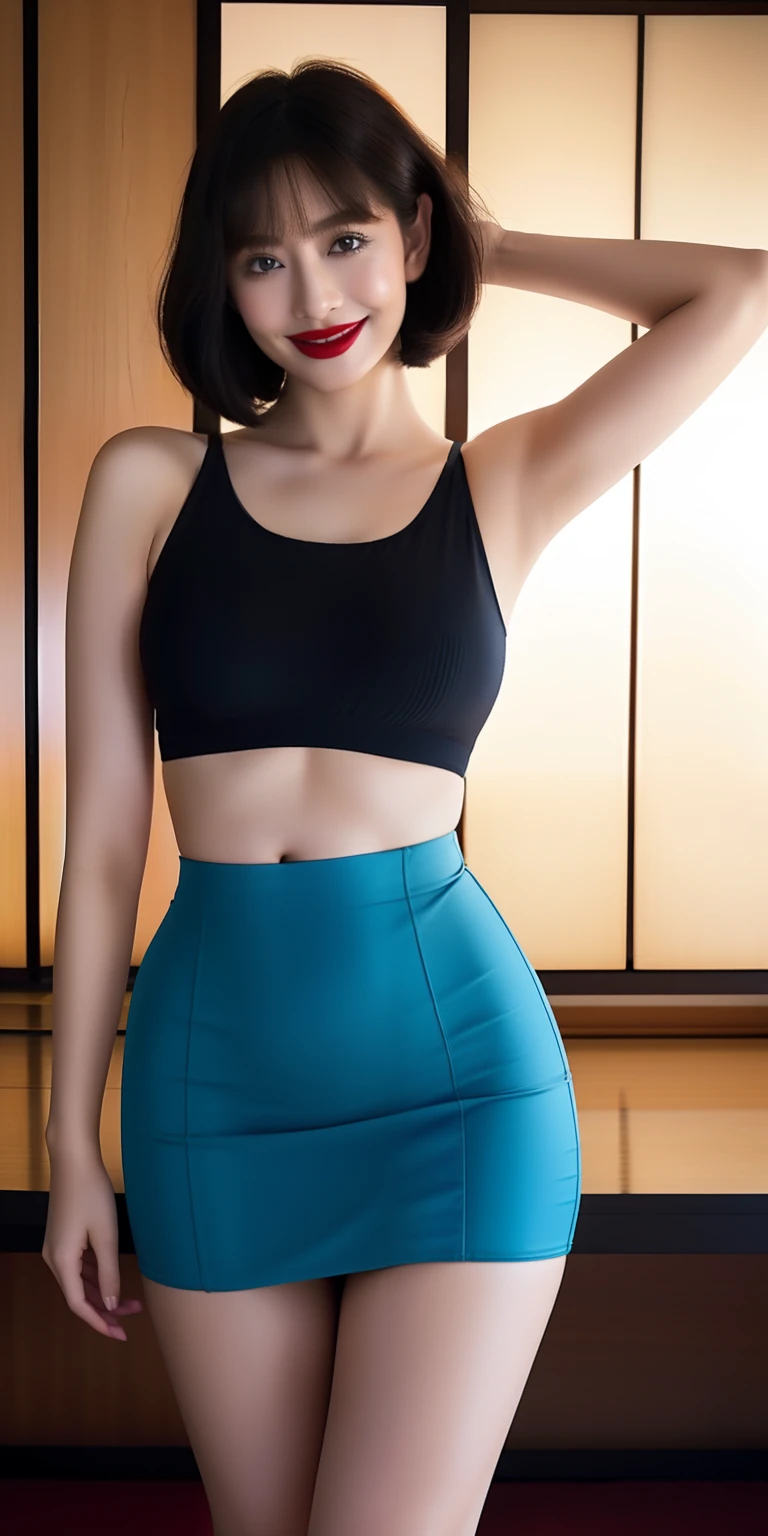 Silver Enamel Bodycon、Bob Hair、red lipsticks、a miniskirt、Full smile、Armpit、Skirt lift、traditional Japanese room、3女の子