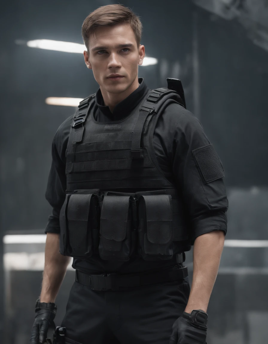 full body, no emblem, personal. Clad in a sleek black tactical uniform and donning combat gear. Wears a tactical vest adorned with ammunition and equipment pouches. He embodies the qualities of a highly trained and skilled warrior