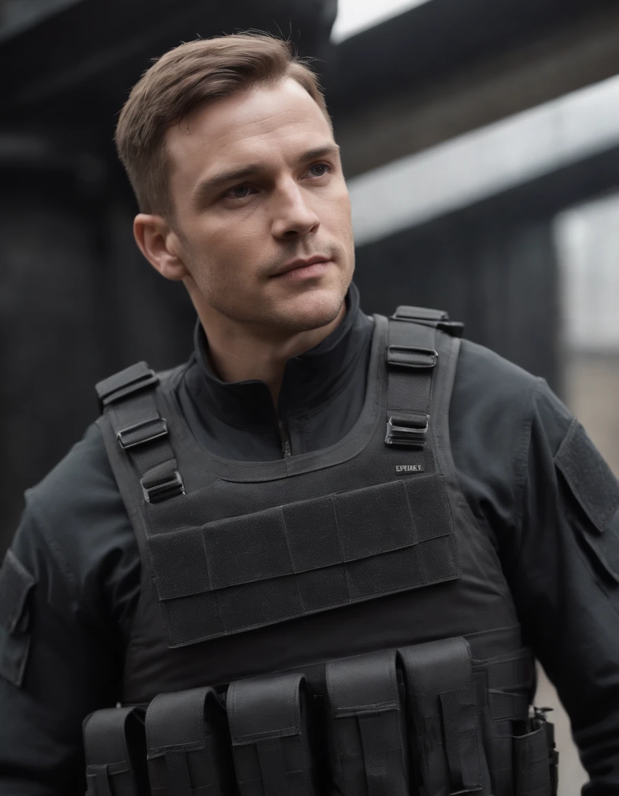 full body, no emblem, personal. Clad in a sleek black tactical uniform and donning combat gear. Wears a tactical vest adorned with ammunition and equipment pouches. He embodies the qualities of a highly trained and skilled warrior
