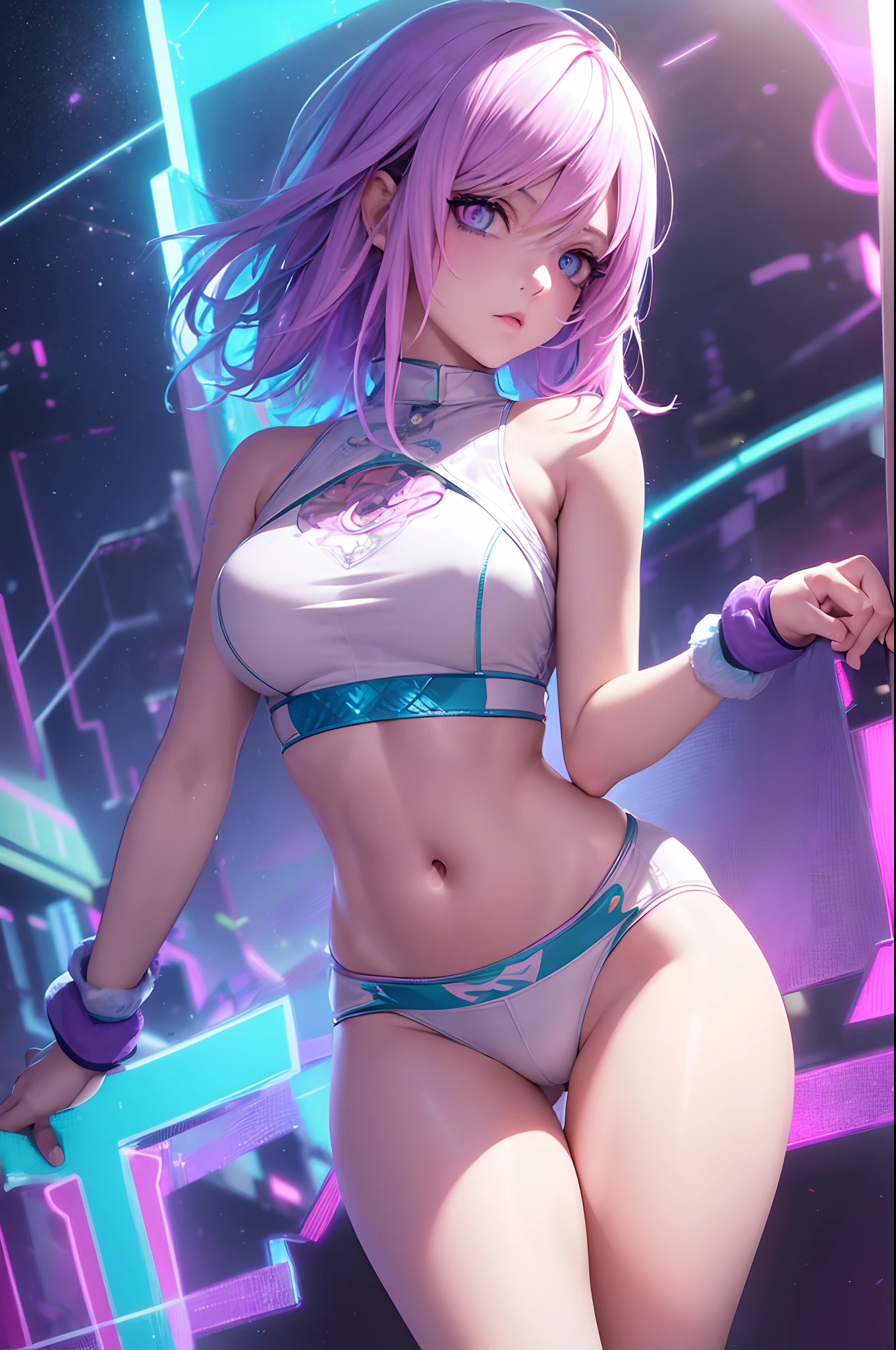 Anime woman in night city with colored lights shining on her skin, short white and pastel blue pink colored hair, pastel purple eyes, dyed pastel colored hair, hair naturally white, highly detailed background, 8k wallpaper, (detailed face and eyes:1.4), (detailed hair:1.3), (warm lighting:1.5), (dynamic angle), (dynamic pose), (dynamic background), (visceral experience), intense emotion, high detailed eyes, (shadows), (RGB LED lighting), short hair, hair naturally white dyed pink blue and green, colorful lights glow, cyberpunk edgerunners, skimpy outfit, exposed midriff, high hipsters, red eyeshadow.