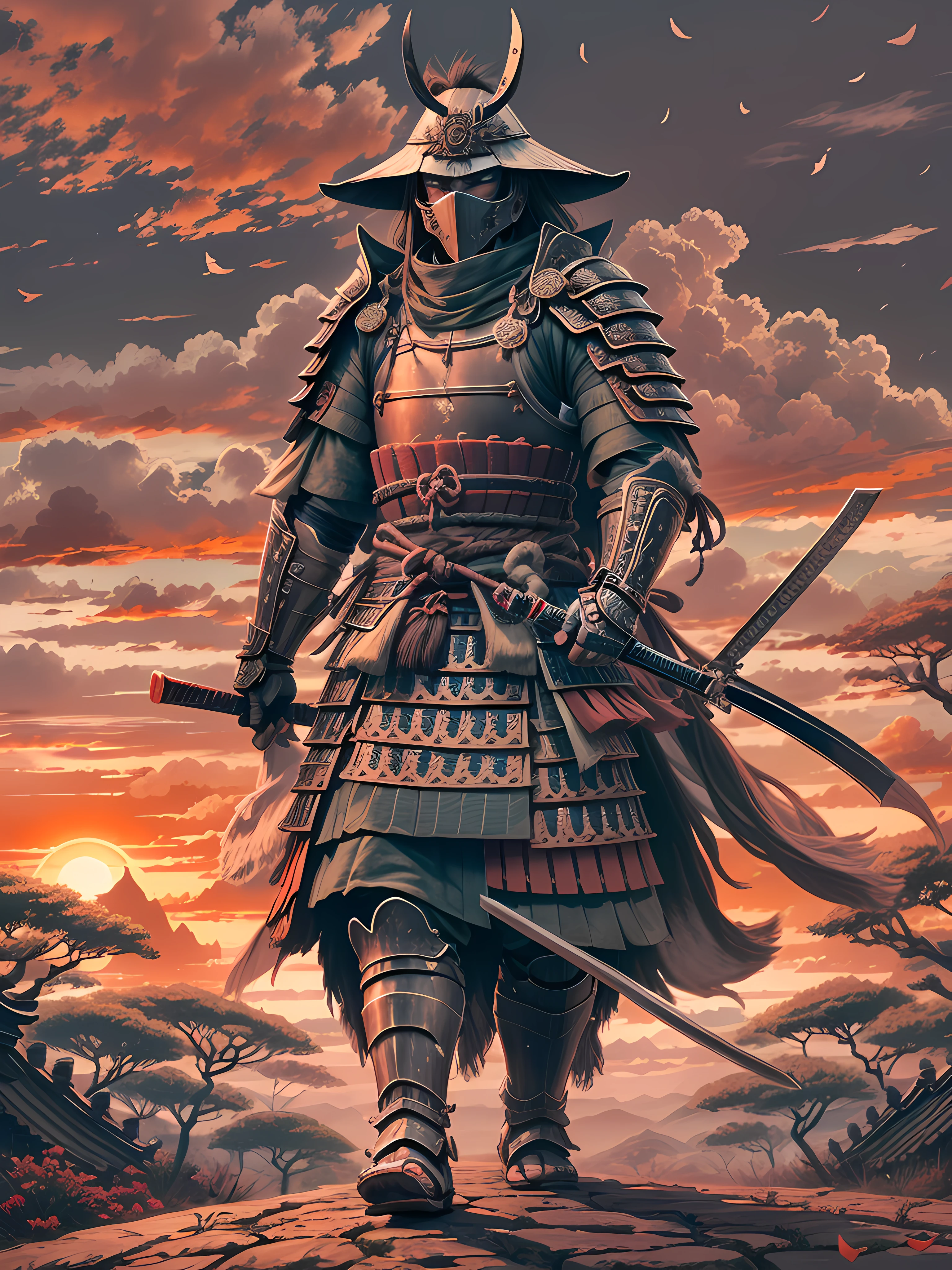 high detailed samurai walking full armored to horizont with the sundawn. japanese castle around