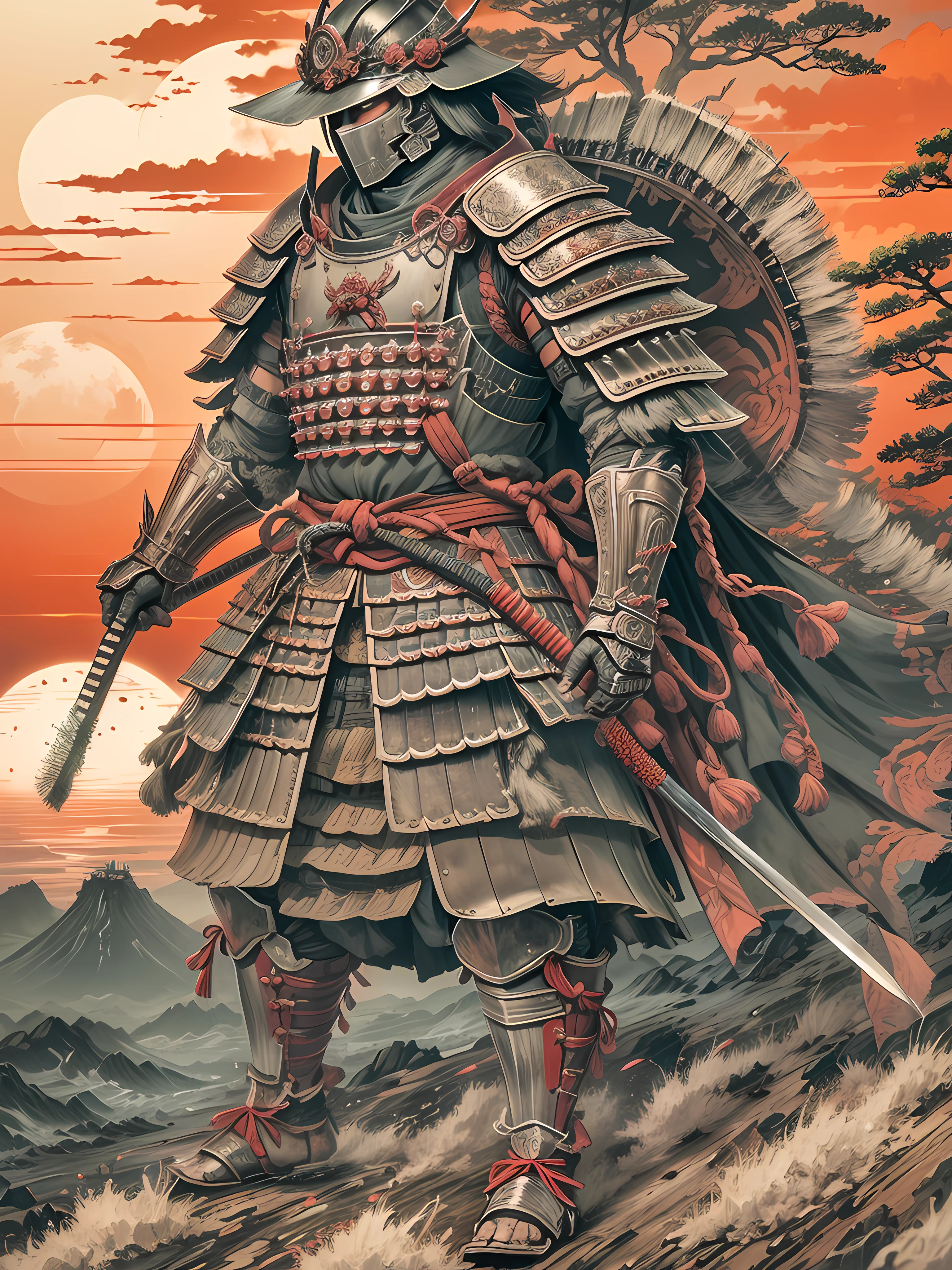 high detailed  samurai walking full armored to horizont with the sundawn. japanese castle around