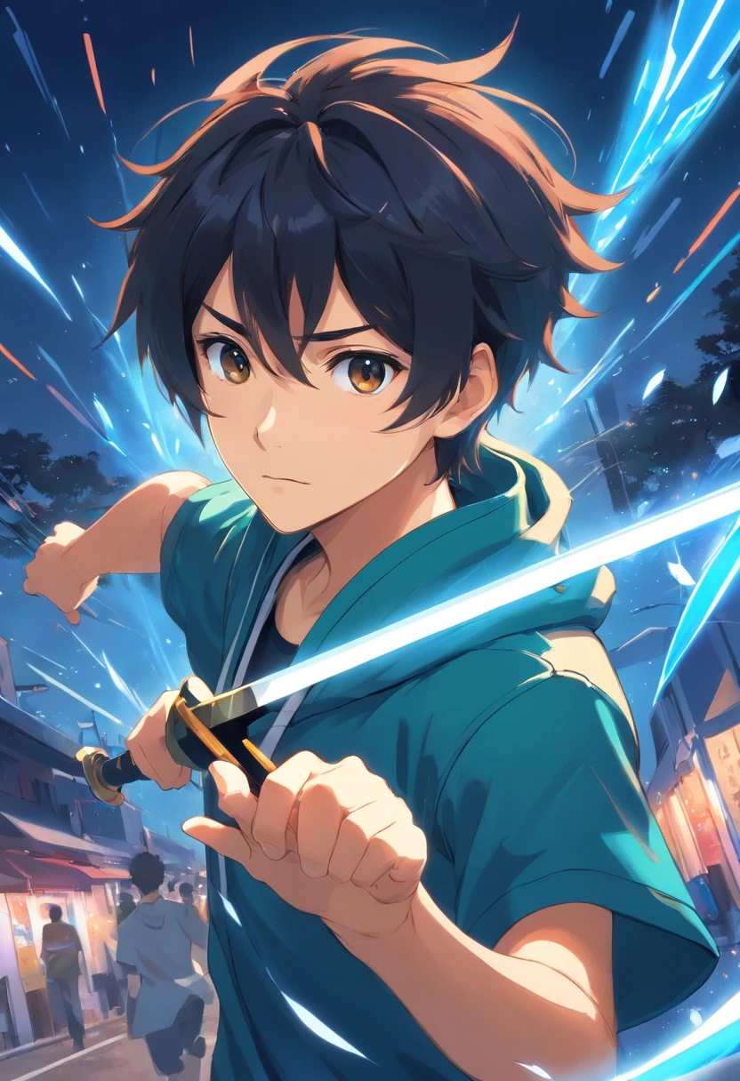 Um jovem homem adolescente de cabelo cacheado preto e olhos azuis vibrantes com uma roupa branca com desenhos pretos, it's a spear in the left hand is in the other hand a ball of energy