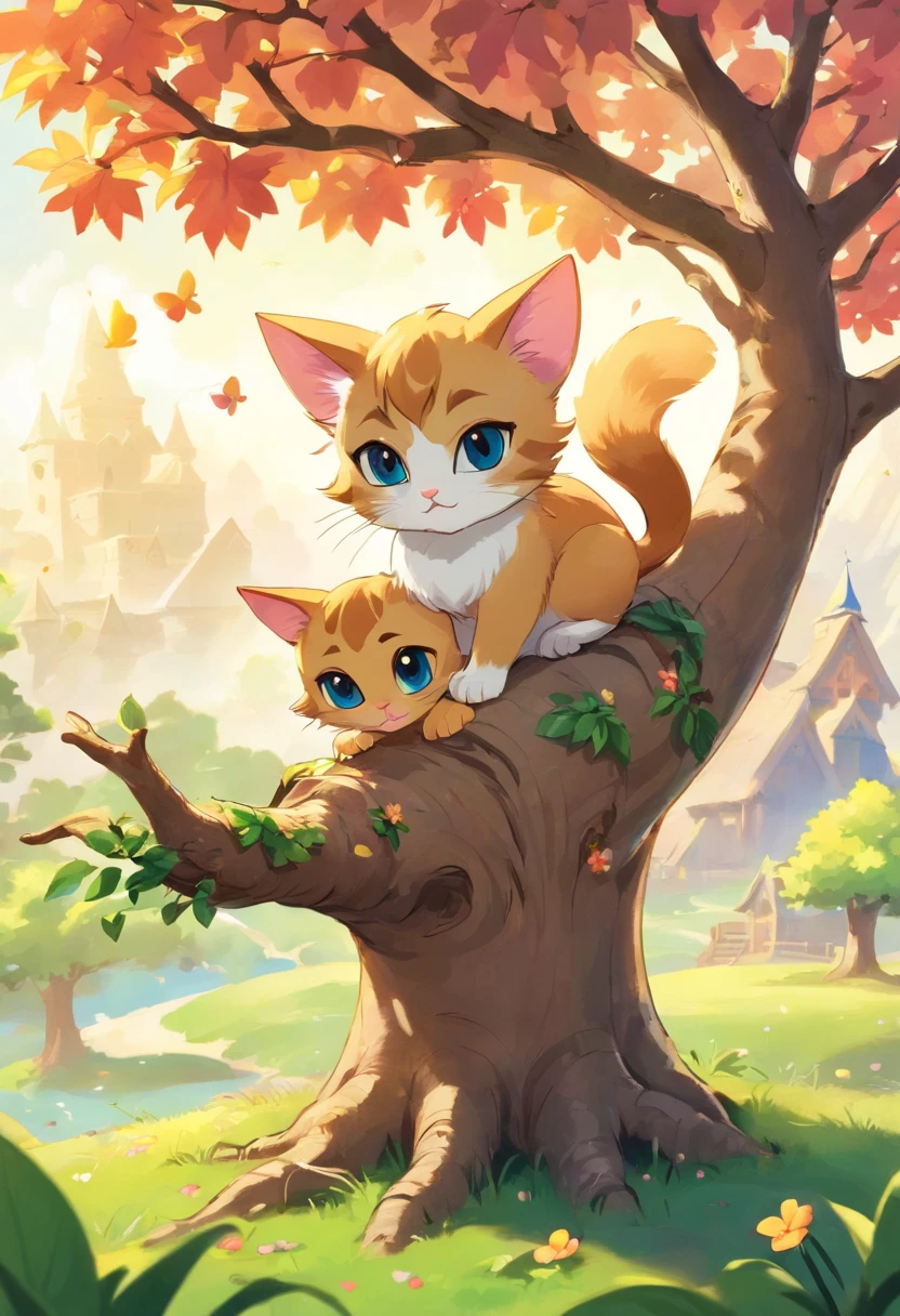 cute cat and mouse on a tree