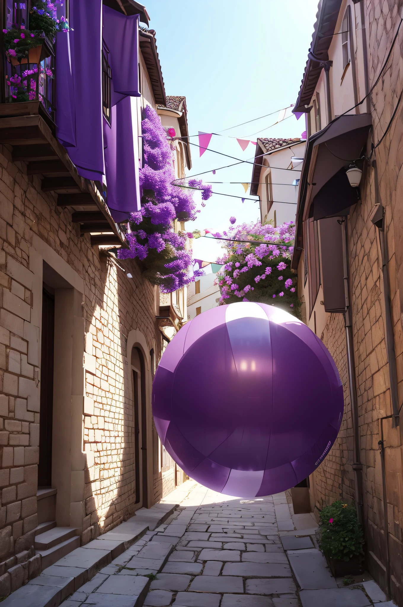 dark violet and white semitransparent giant  zorbing balls has dark violet and white semitransparent colors, roll down the stairs in the narrow alley of the old town, ultra detailed photo, depth of field, sunny atmosphere