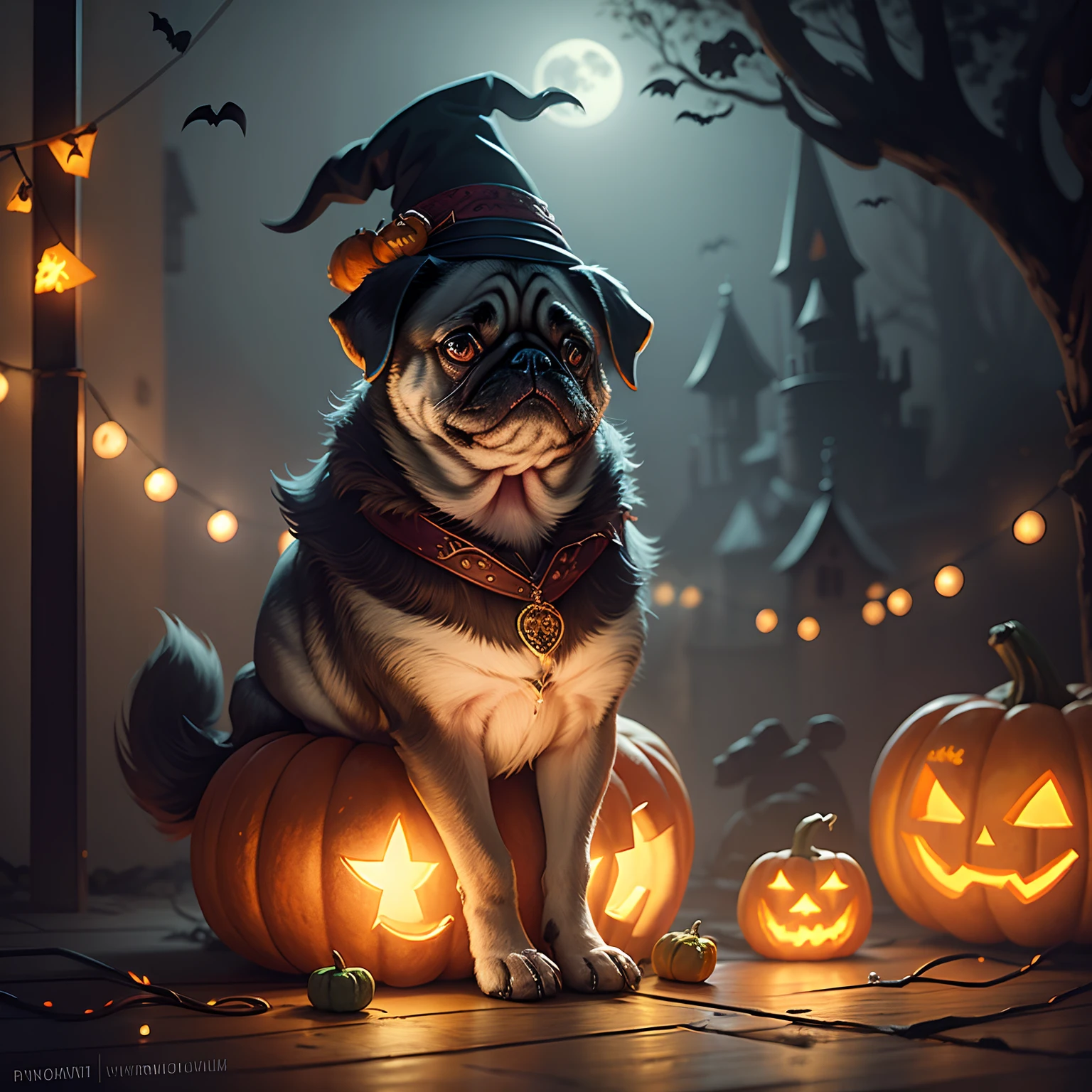 pug dog sitting by pumpkins, fairy lights, Halloween witches Hat, fantasy, digital art