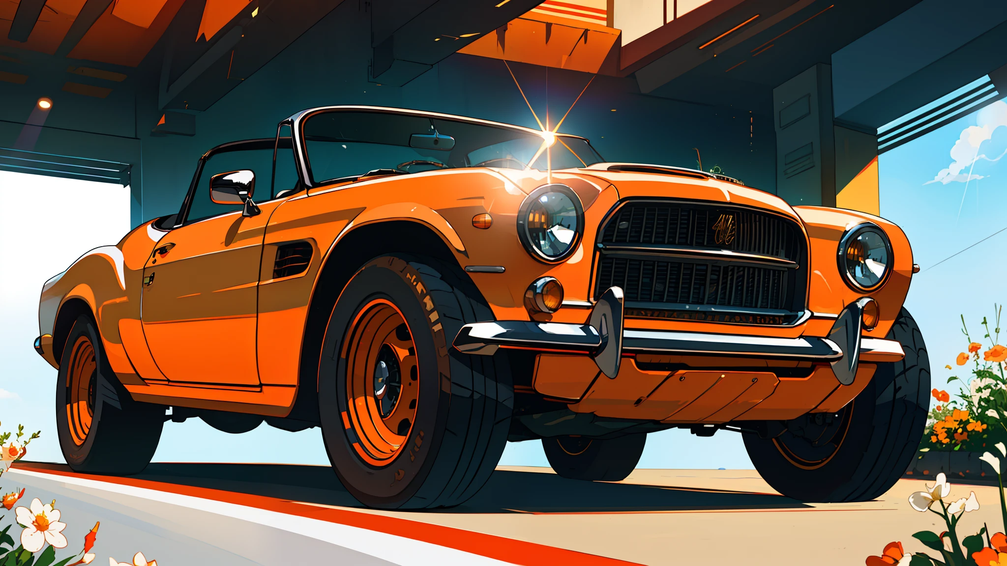 (masterpiece)+, (Best Quality)+, (Intricate Detail)+, design me the most beautiful car in the world, white paint with orange highlights, showroom concept, lens flare, camera artefact, professional photographer, 4k, HDR, longitudinal symmetry