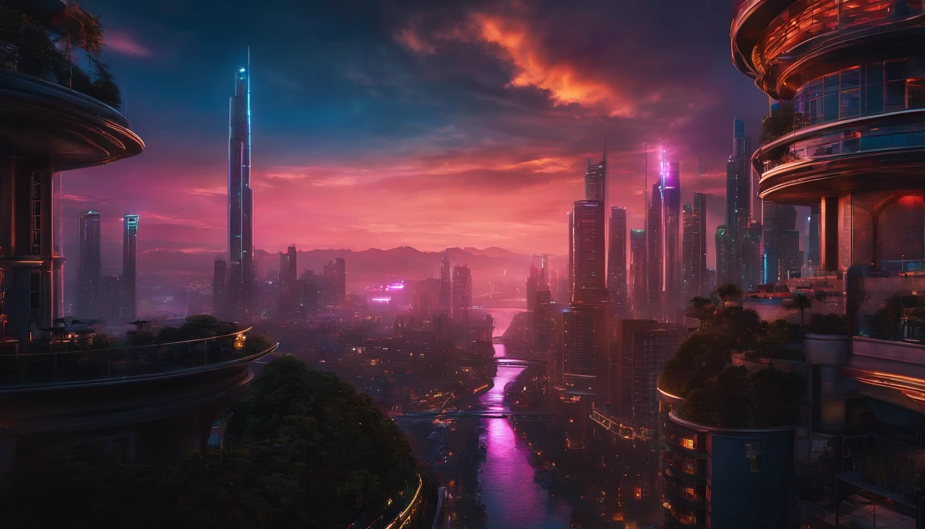 (obra prima) cidade no estilo cyberpunk, illuminated sky, neon light, imagem vista do zero, paisagem ampla, cidade futurista