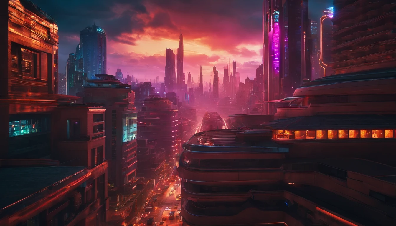 (obra prima) cidade no estilo cyberpunk, illuminated sky, neon light, imagem vista do zero, paisagem ampla, cidade futurista