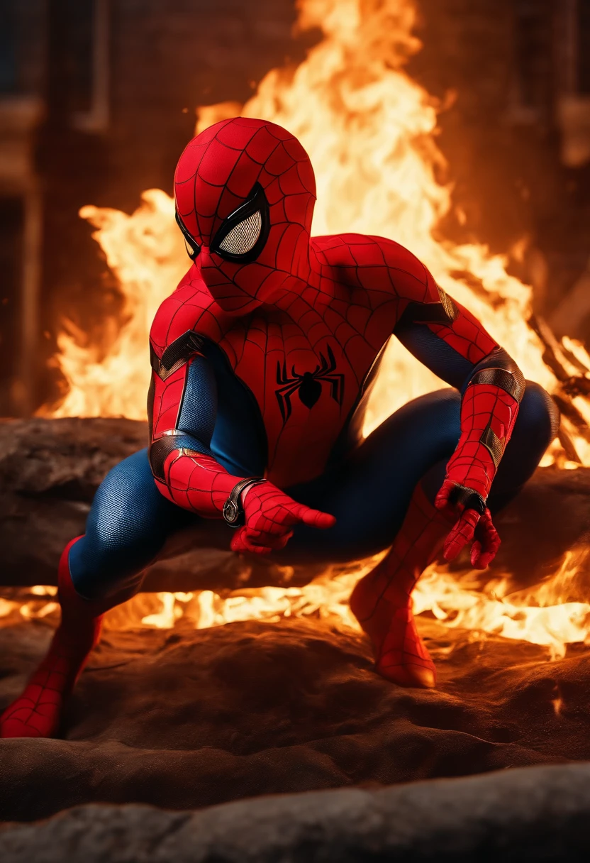 cinematic shot of cute spider-man realistic, surrounded by fire, seamless, epic, cinematic, intricate details, award-winning, great lighting, shading, high quality, detailed