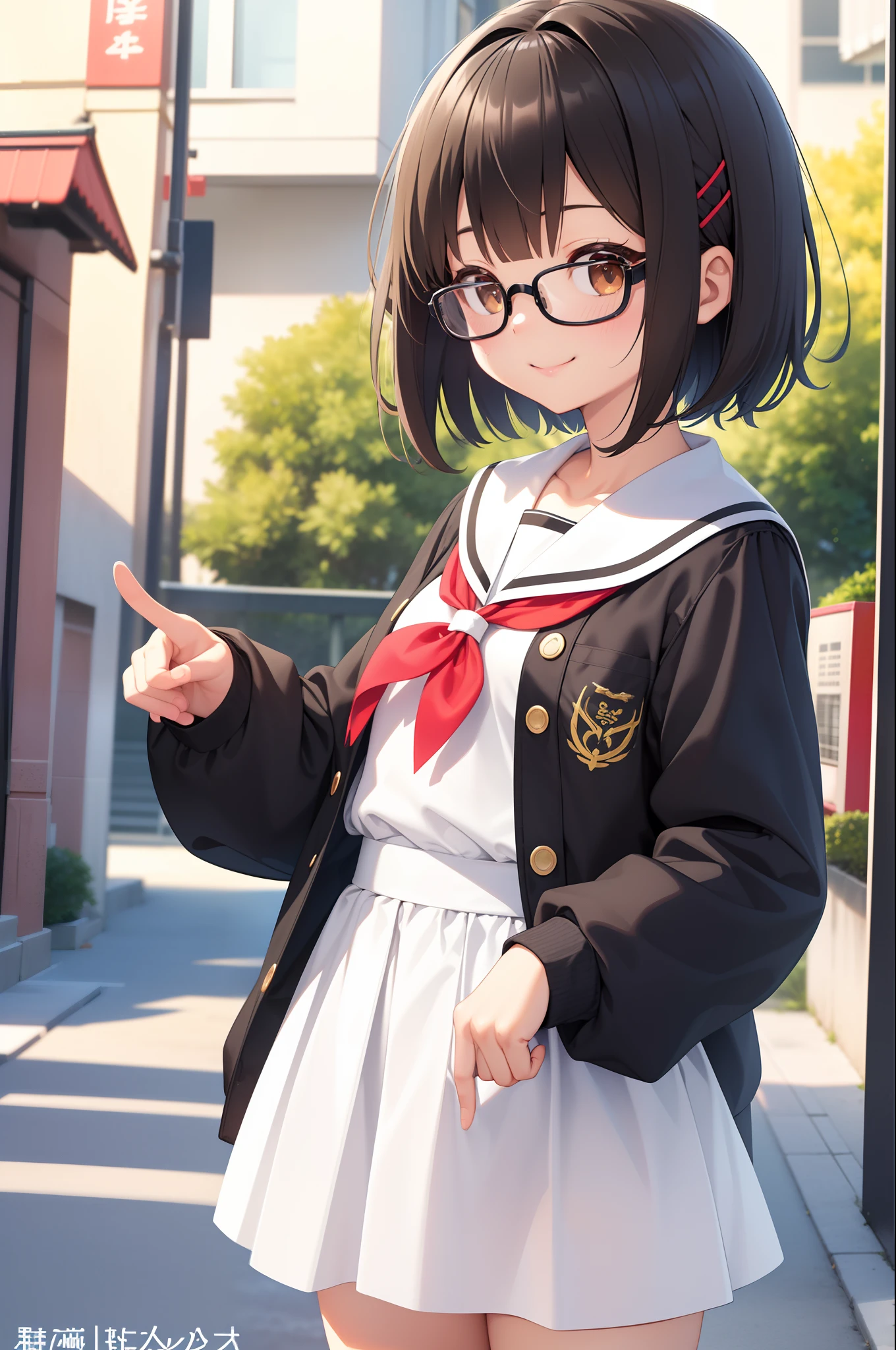 (masutepiece, Best Quality, Capture super cute moments, depth of fields, ultra-detailliert, Ultra High Resolution, C4D, Octadale, 3D Modeling, 8K, 16 K, one girls、a 、A dark-haired、short-hair、straight haired、Light brown eyes,hair adornments、wearing black glasses、A smile)、a sailor suit