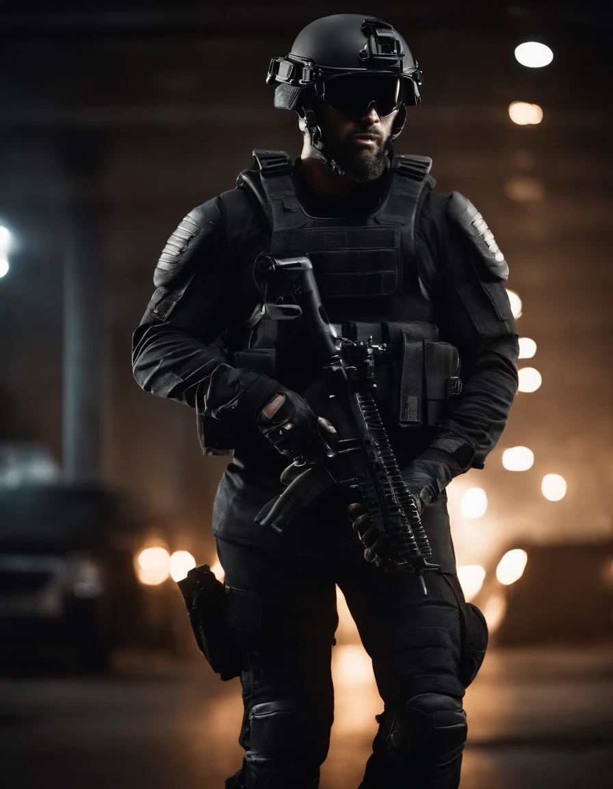 full body, no emblem, personal, squade . Clad in a sleek black tactical uniform and donning combat gear. Wears a tactical vest adorned with ammunition and equipment pouches. He embodies the qualities of a highly trained and skilled warrior