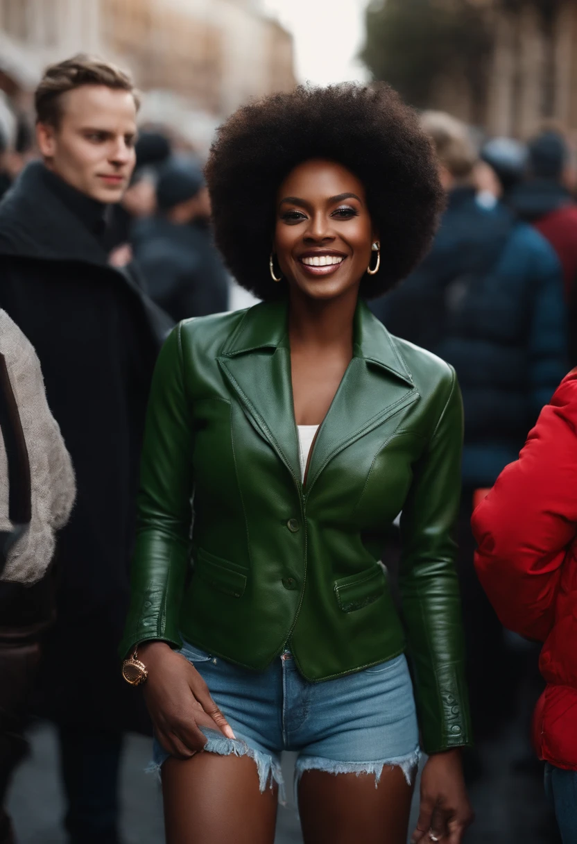 шедевр, beste-Qualit, A dark-skinned black woman wearing a detailed green turtleneck sweater with an intricate black jacket with very short denim shorts at a street party party, Asymmetrical afro haircut, ventre, sourire, dent, Ultra crazy dedications, extreme intricate details, tooth gap, cul rond HDR, natural light, volumetric shading, Pose dynamique, hyper-realistic, Realistic lighting, Ombres dramatiques, Mise au point rigide, high contrast, Ombres dramatiques de perspective dramatique,