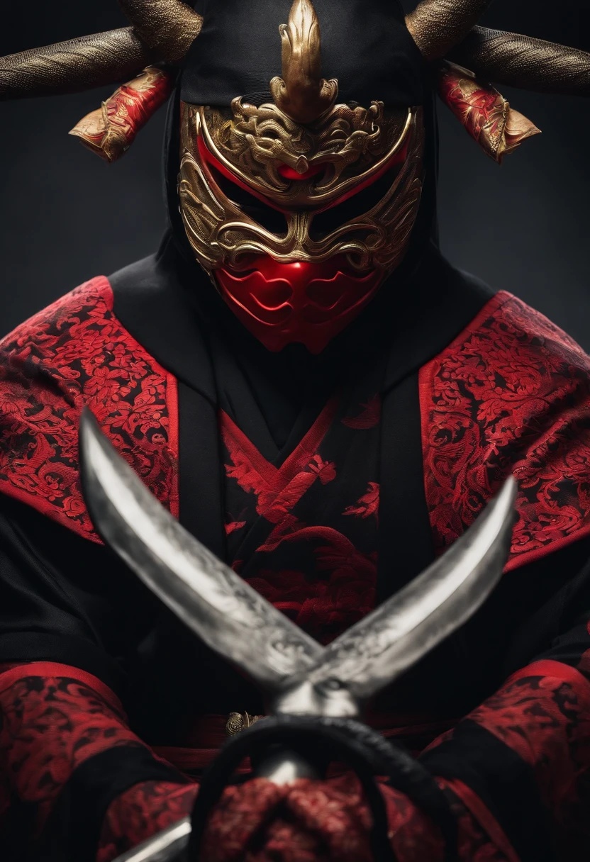 a ninja with a Japanese oni mask, com uma roupa preta, menacingly