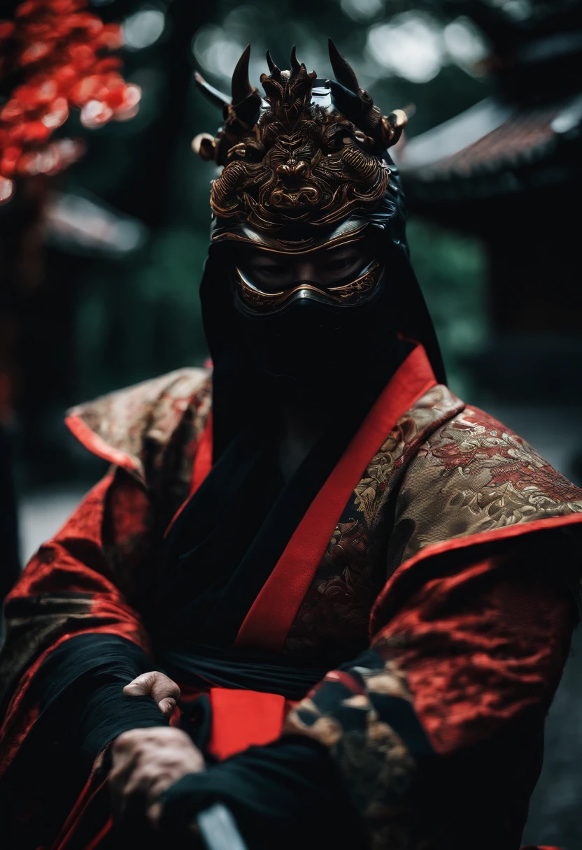 a ninja with a Japanese oni mask, com uma roupa preta, menacingly