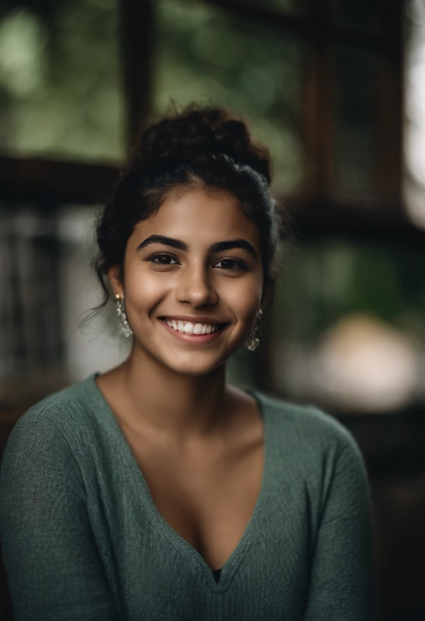 Describe in detail a high-quality image of a 19-year-old Latina girl living in Bogotá. Na imagem, A menina usa um sorriso, authentic expression in your room. Seus olhos verdes brilham com um charme especial. Ela usa uma roupa que destaca suas curvas, incluindo um decote que destaca seus seios generosos. Seu longo, cabelo sedoso cai elegantemente em seus ombros. The image captures the beauty and confidence of this young woman in her personal environment in Bogotá