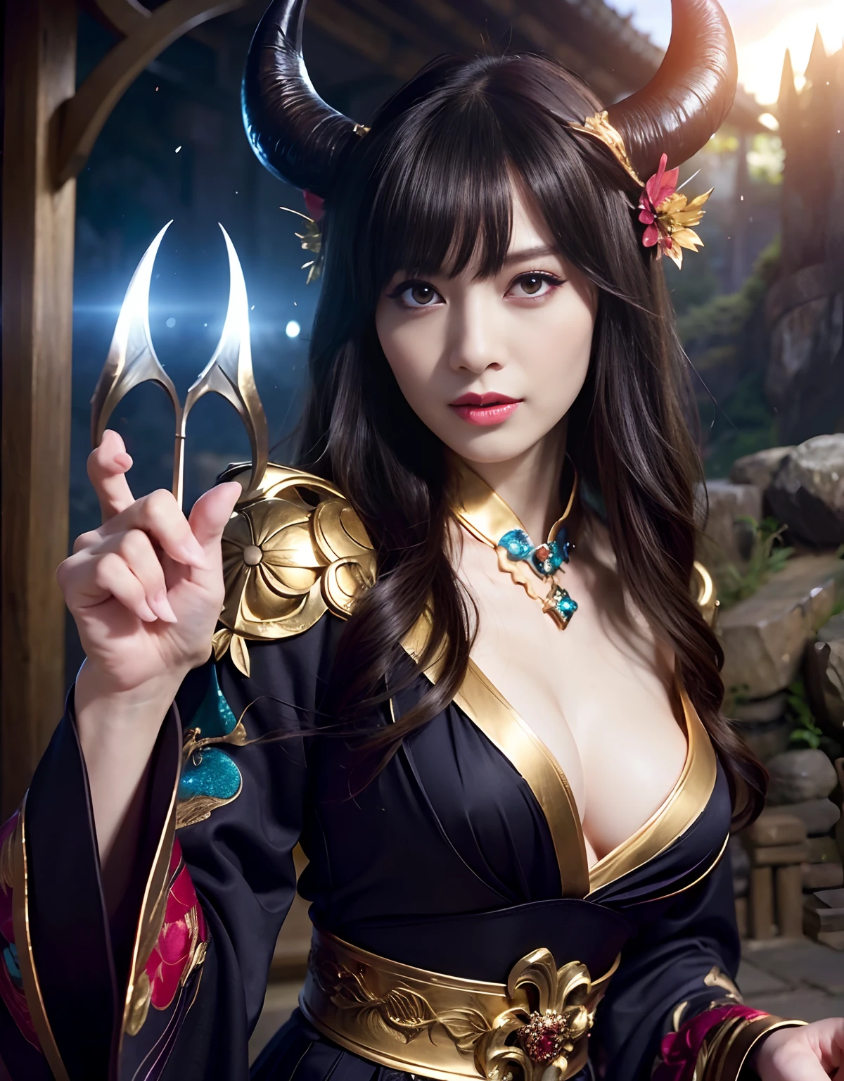 ((World of Darkness)),Professional , masterpiece、top-quality、photos realistic , depth of fields 、(sexypose)、(Black maple on the background of full bloom),(Ultimate Beauty)、A dark-haired、(shrine background)、(Kimono with beautiful pattern)、(Night background)、Beautiful hair ornament on the head、((Precipitous cliffs)),(Wear a beautiful kimono),(Wear a beautiful kimono with colorful floral patterns)、Jewel Gold Weapon、Particles of light),(Wearing a wizard's hat)、Gorgeous gold weapons ,Castle background、(( Gorgeous Dragon Sword)) , (a dark night),,(maikurobikini) 、((Black Haired Beautiful Girl))、(Castle background)、(demonic wings)、((Gangle's forest background))、Beautiful Caucasian beauty、1a person、dynamic ungle,(((Two devil's horns on the head)))、Smaller head、Idle Smile、Thin and beautiful female hands、Mystical expression、Light Effects、intense fighting、Wind-effect、magic circles、With the legendary magic wand、Dragon's tail、