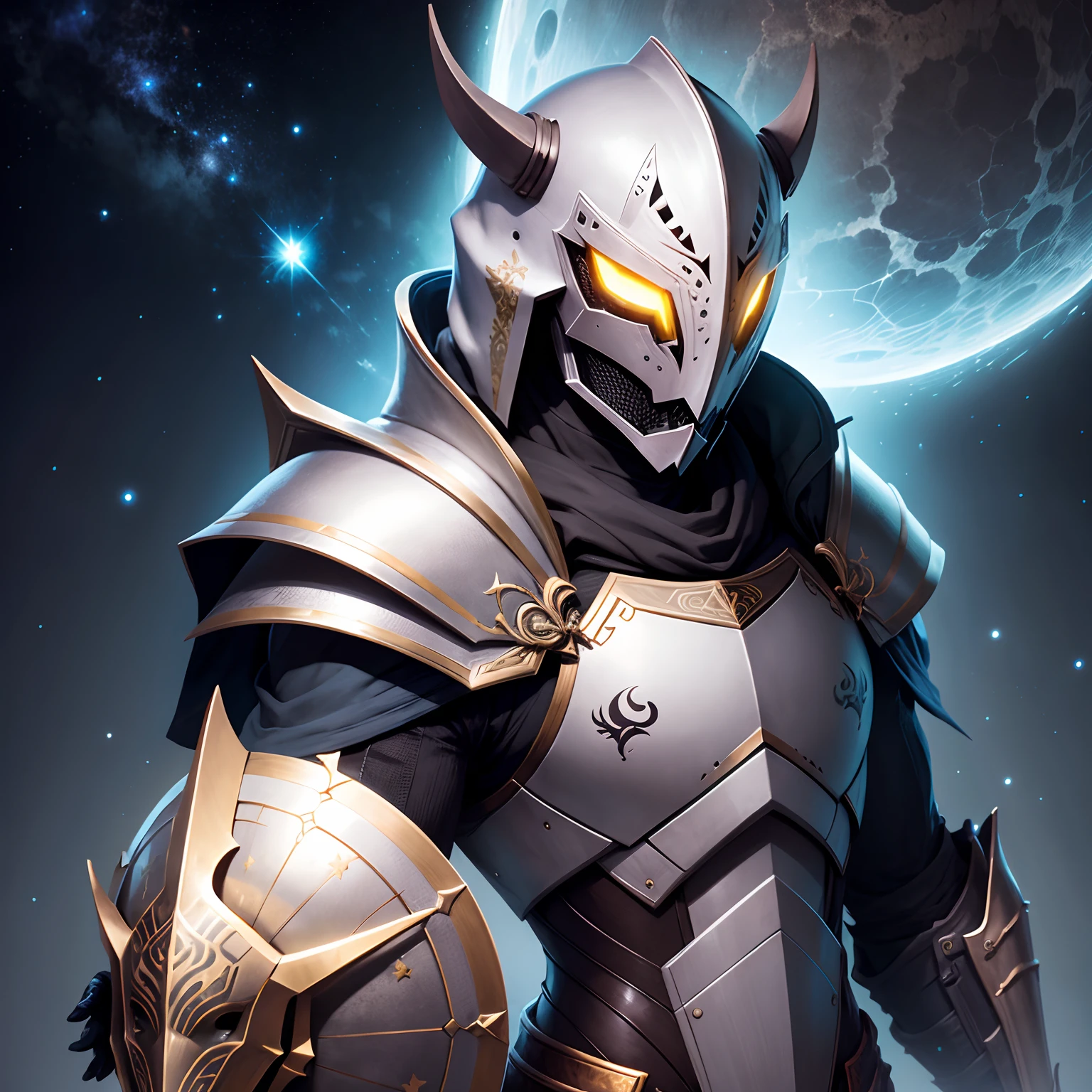 zodiac knight, armadura modernizada, Crisp face, hiper realista, cosmic scenario.