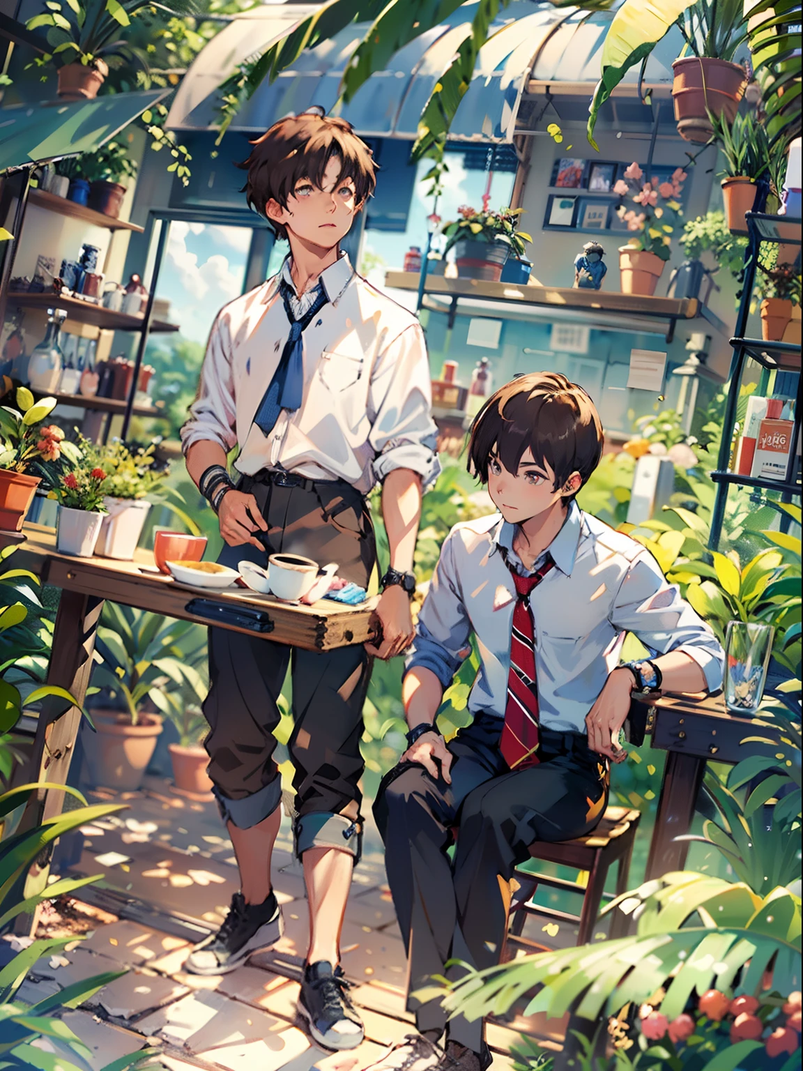 2boys,11 only、(Man's :2),(bobhair:1.5)、A dark-haired、Brown hair、Cutter shirt、chum、cafes、Trees、Sunlight、Clouds,Natural lighting、hightquality、masutepiece,8K,hight resolution、