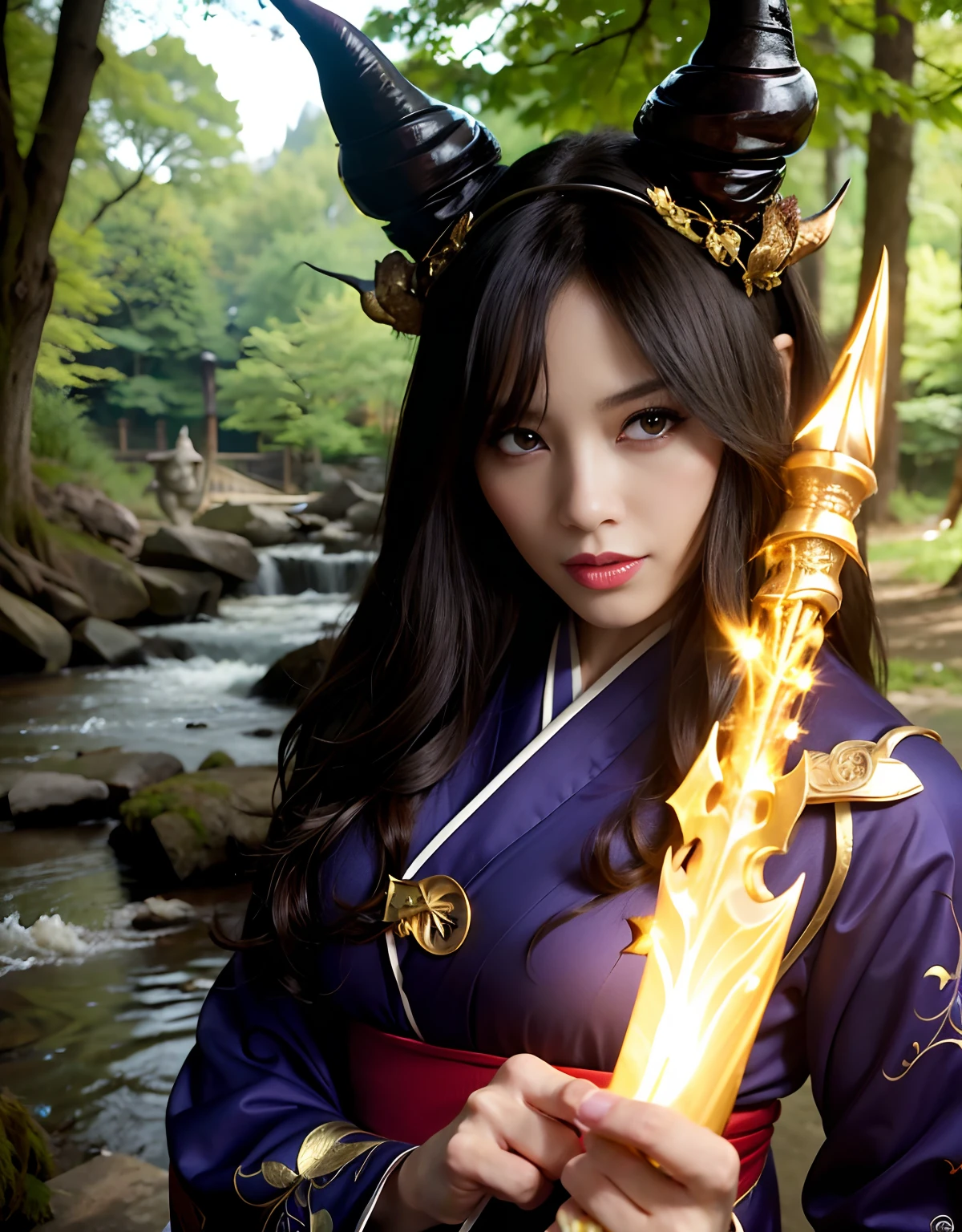 ((World of Darkness)),Professional , ​masterpiece、top-quality、photos realistic , depth of fields 、（sexypose）、(Black maple on the background of full bloom),（Ultimate Beauty）、A dark-haired、（shrine background)、（Kimono with beautiful pattern）、（Night background）、Beautiful hair ornament on the head、（（Precipitous cliffs））,(Wear a beautiful kimono),（Wear a beautiful kimono with colorful floral patterns）、Jewel Gold Weapon、Particles of light),(Wearing a wizard's hat）、Gorgeous gold weapons ,Castle background、（（ Gorgeous Dragon Sword）） , （a dark night）,,（maikurobikini） 、（（Black Haired Beautiful Girl））、（Castle background）、（demonic wings）、（（Gangle's forest background））、Beautiful Caucasian beauty、１a person、dynamic ungle,(((Two devil's horns on the head)))、Smaller head、Idle Smile、Thin and beautiful female hands、Mystical expression、Light Effects、intense fighting、Wind-effect、magic circles、With the legendary magic wand、Dragon's tail、