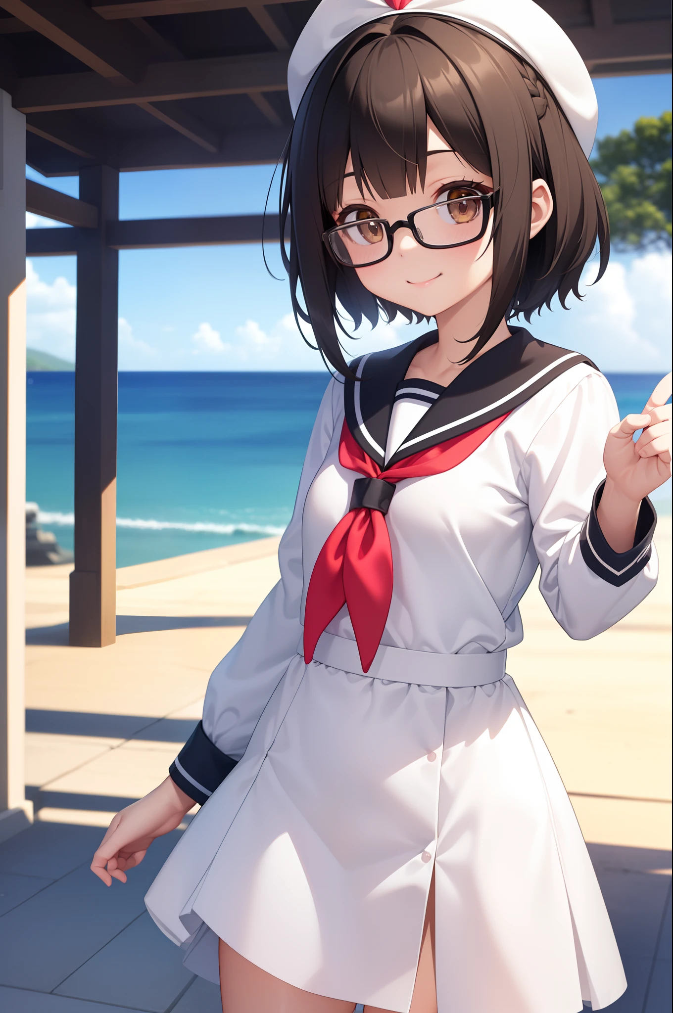(masutepiece, Best Quality, Capture super cute moments, depth of fields, ultra-detailliert, Ultra High Resolution, C4D, Octadale, 3D Modeling, 8K, 16 K, one girls、a junior high school student、A dark-haired、short-hair、straight haired、Light brown eyes,hair adornments、wearing black glasses、A smile)、a sailor suit
