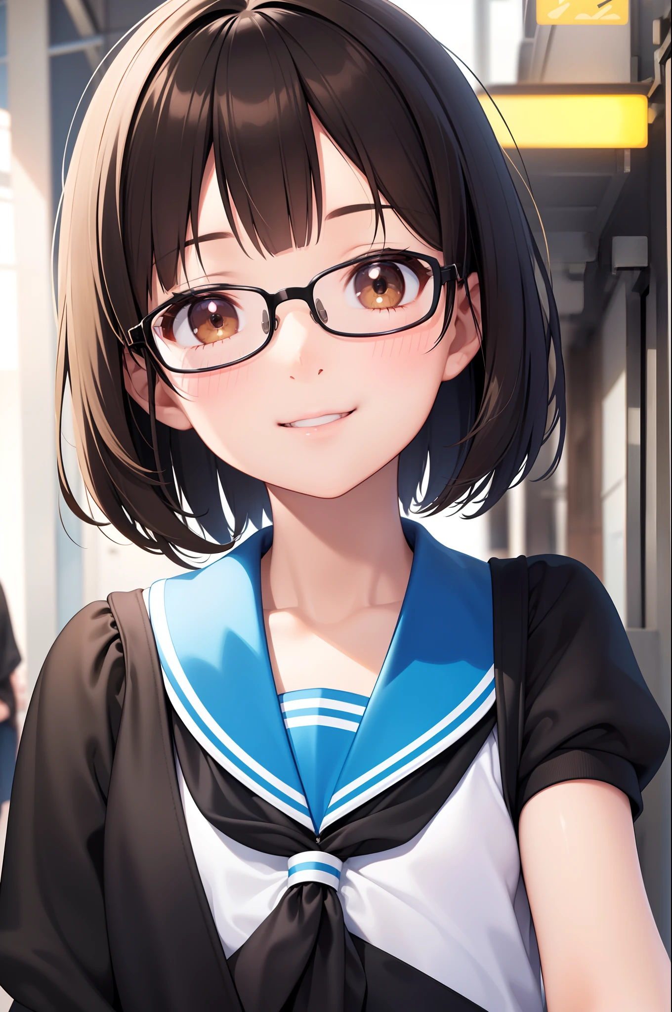 (masutepiece, Best Quality, Capture super cute moments, depth of fields, ultra-detailliert, Ultra High Resolution, C4D, Octadale, 3D Modeling, 8K, 16 K, one girls、a 、A dark-haired、short-hair、straight haired、Light brown eyes,hair adornments、wearing black glasses、A smile)、a sailor suit