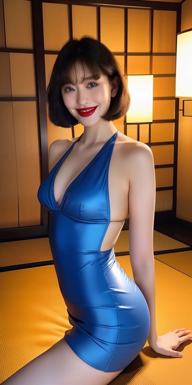 Silver Enamel Bodycon、Bob Hair、red lipsticks、a miniskirt、Full smile、Armpit、Skirt lift、traditional Japanese room、3女の子、Zazen