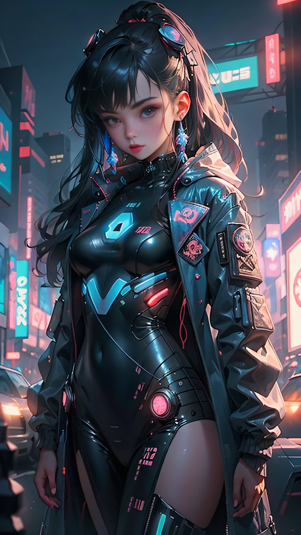 1girl,blue bodysuit,jacket,background, cyberpunk, neon color, science fiction