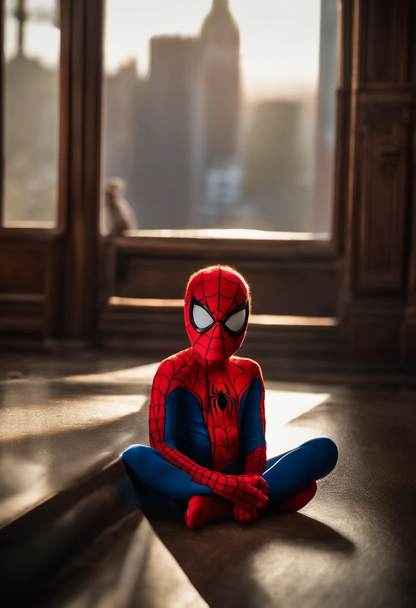 cinematic shot of spider-man cute realistic child, cercado por fogo, sem costura, epic, cinemactic, detalhes intrincados, premiado, great lighting, sombreamento, alta qualidade, detalhado