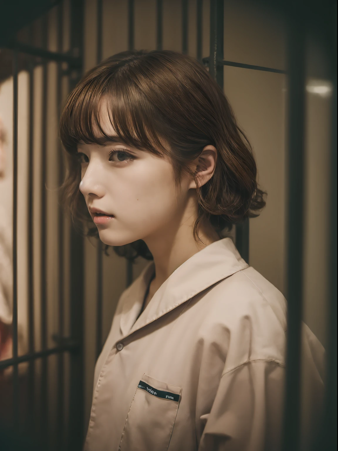 dreamy ambiance, Vintage,Color scheme of old Polaroid cheki photos ,lowkey,Extremely low contrast、From  above、close up of face、barechested, realisitic、Photo Real、extremely detailed cute girl、独奏、18year old、japanes、Melancholy look, (prison clothes:1.8)Brown hair、short-cut、(Background prison:1.6)、out of focus、blur、