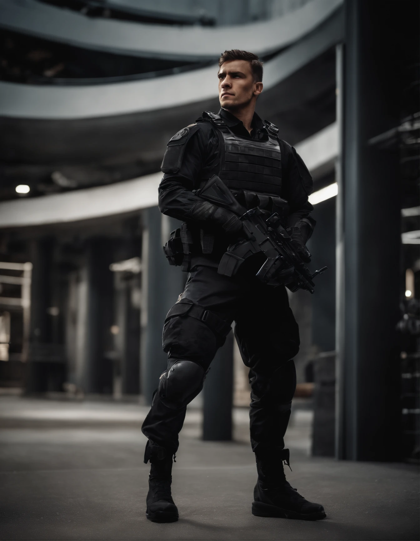 full body, no emblem, personal, squade . Clad in a sleek black tactical uniform and donning combat gear. Wears a tactical vest adorned with ammunition and equipment pouches. He embodies the qualities of a highly trained and skilled warrior