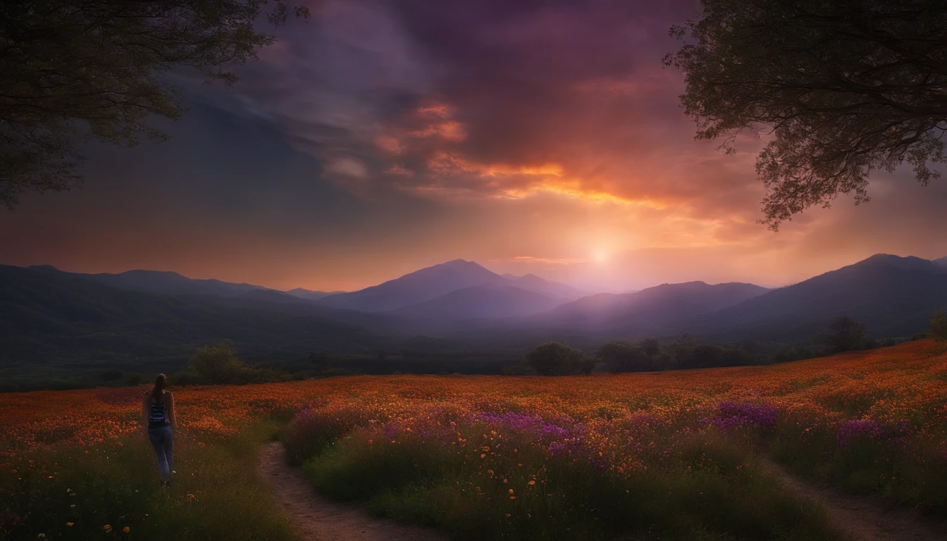 Vastas fotos de paisajes, (desde abajo, el cielo arriba, open fields below), A standing in a field of flowers looking up, (luna llena: 1.2), (meteoro: 0.9), (nebulosa: 1.3), Distant mountains, Trees BREAK Making Art, (warm light source: 1.2), (glowworm: 1.2), chandeliers, Lots of purple and orange, Detalles intrincados, Volumetric Lighting BREAK (Obra maestra: 1.2), (La mejor calidad), 4k, Ultra detallado, (dynamic composition: 1.4), Detallado, De color, (Iridiscente: 1.2), (resplandecer, Atmospheric Illumination), Dreamy, genial, (solamente: 1.2)