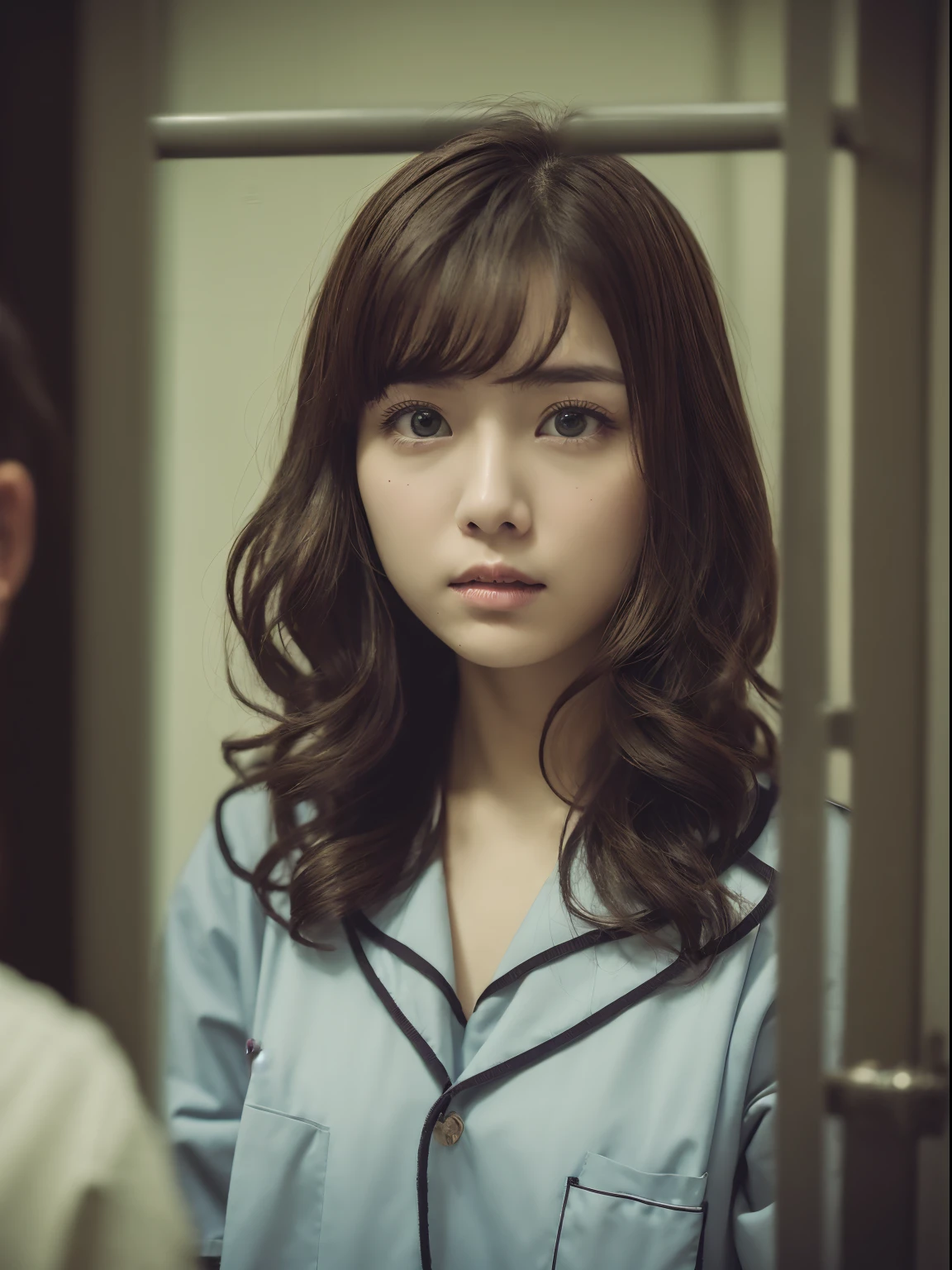 dreamy ambiance, Vintage,Color scheme of old Polaroid cheki photos ,lowkey,Extremely low contrast、From above、close up of face、barechested, realisitic、Photo Real、extremely detailed cute girl、独奏、18year old、japanes、Melancholy look, (Dirty prison uniform:1.4)Brown hair、Curly Shorthair、(prison in the background:1.5)、out of focus、blur、