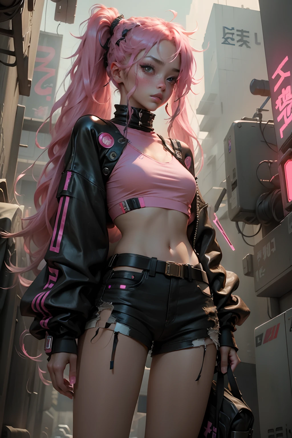 A woman with pink hair and a pink top standing in a city - SeaArt AI