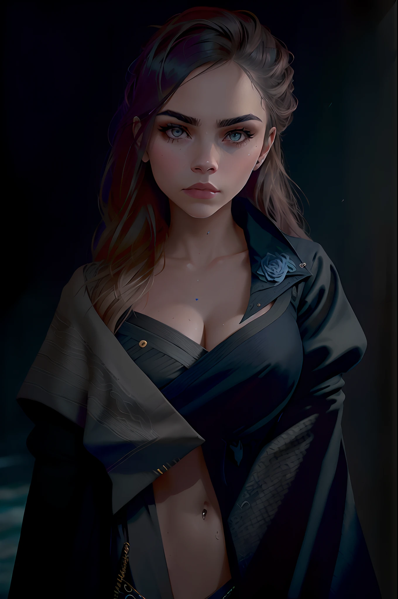 Cara Delevingne : sombra profunda, foto galardonada, mejor calidad, obra maestra, parte superior del cuerpo, mujer, rostro pecoso, cabello rubio al viento, ojos esmeralda, vestido moderno sin tirantes de Jeremy Lipking, de Antonio J. Manzanedo, Lee Jeffries Film Nikon D850 Stock Photography 4 Kodak Portra 400 F1 Camera.6 lens rich colors hyperrealistic real texture dramatic lighting unreal engine trend in artstation cinestill 800, lente ojo de pez, Style-Kilt, playa ventosa, Scottish Loch, bosque