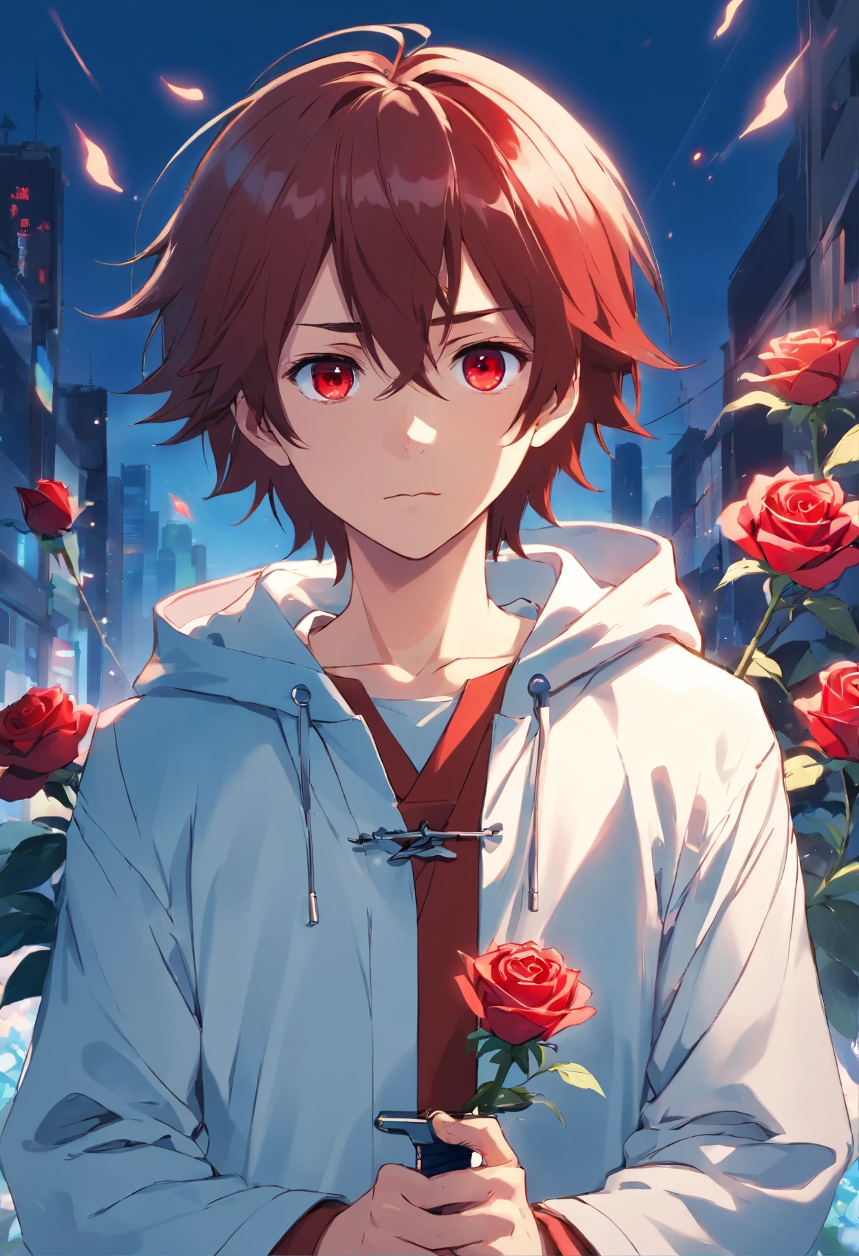 A young teenage man with straight hair is white with blood red eyes with a white outfit is blue with a large coat holding a sword of blue roses