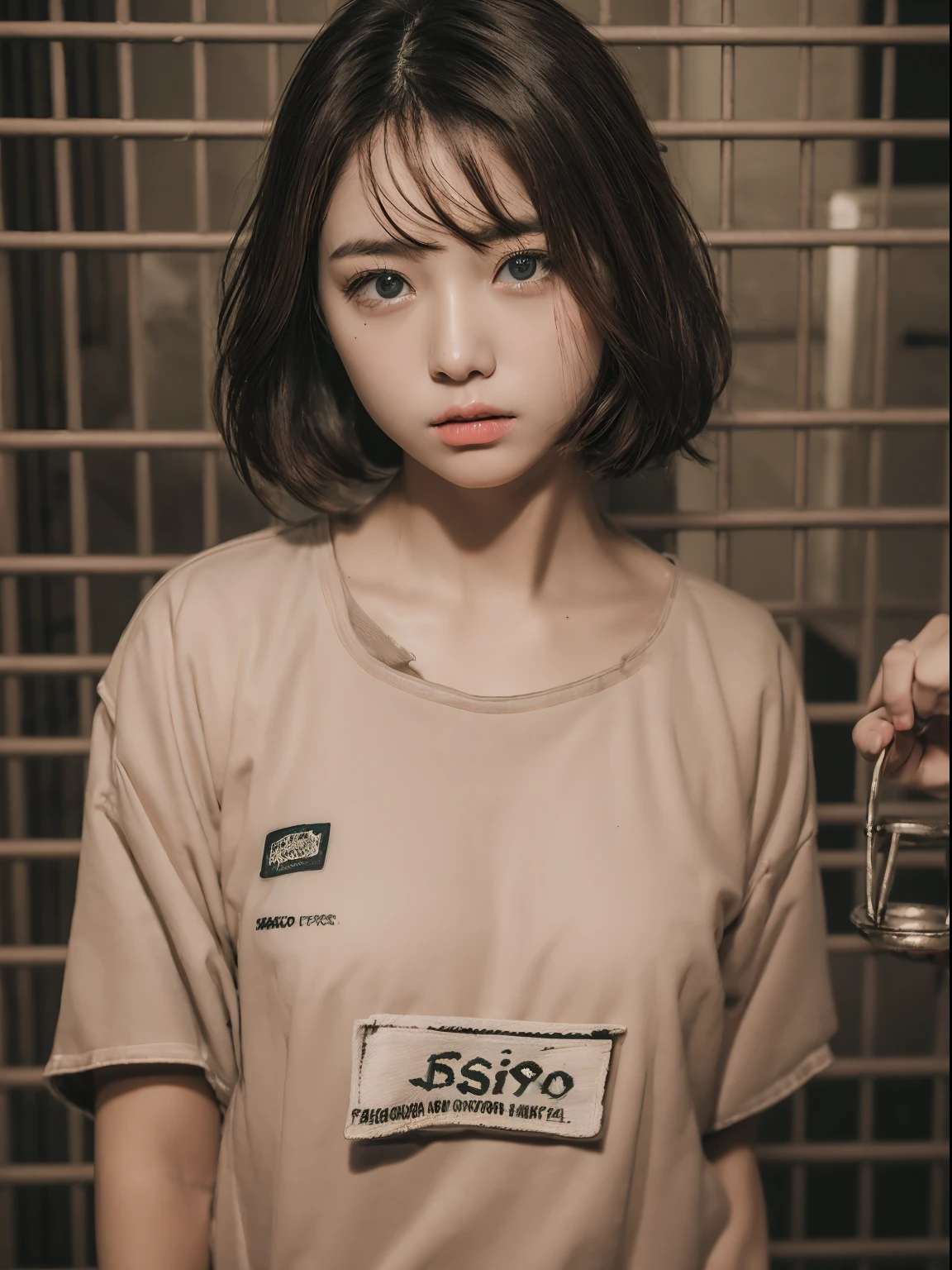 dreamy ambiance, Vintage,Color scheme of old Polaroid cheki photos ,lowkey,Extremely low contrast、From above、close up of face、barechested, realisitic、Photo Real、extremely detailed cute girl、独奏、18year old、japanes、Melancholy look, (prison clothes:1.8)Brown hair、short-cut、(Background prison:1.6)、out of focus、blur、